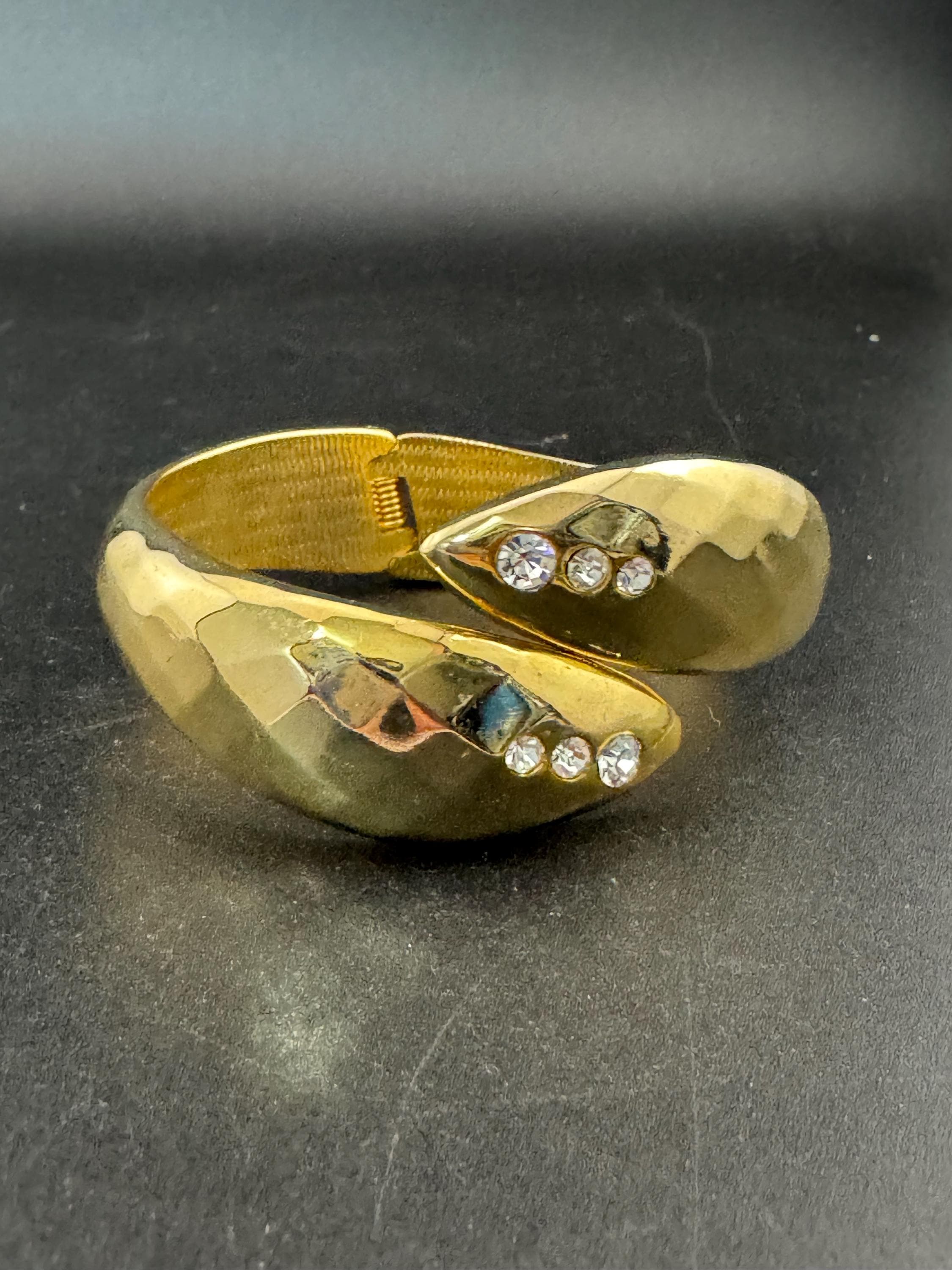 Vintage gold tone diamanté snake head clamper bangle cuff bracelet