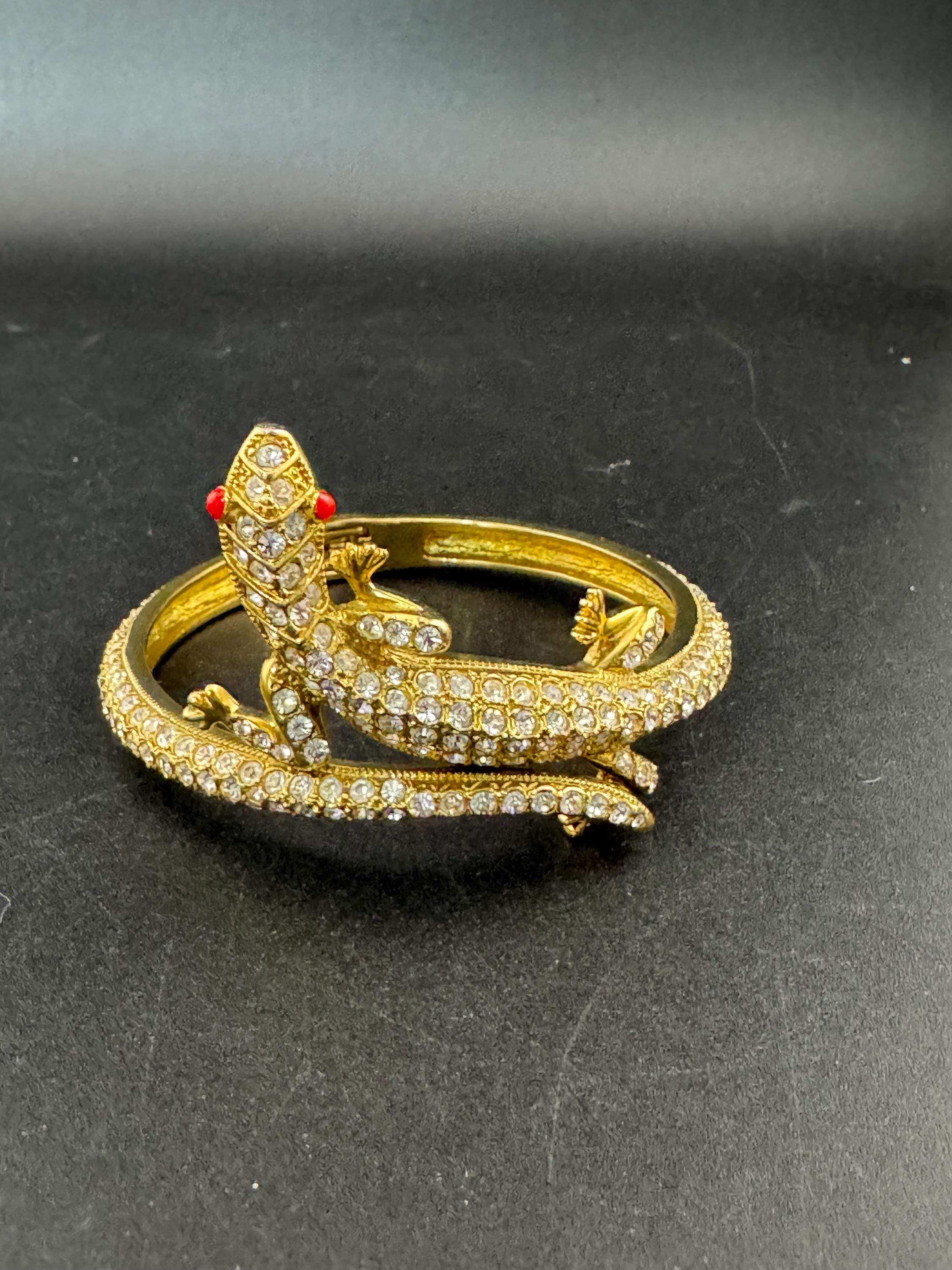 Vintage clear rhinestone encrusted lizard clamper Bangle bracelet with red beaded eyes
