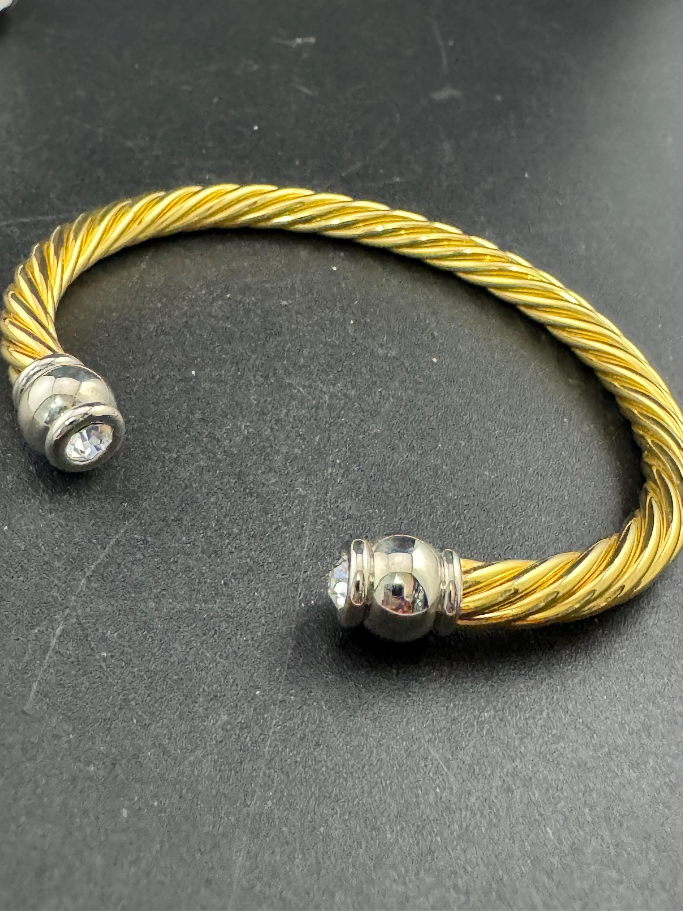 Retro high end clear crystal ended torque bangle Etruscan style, gold and silver tone