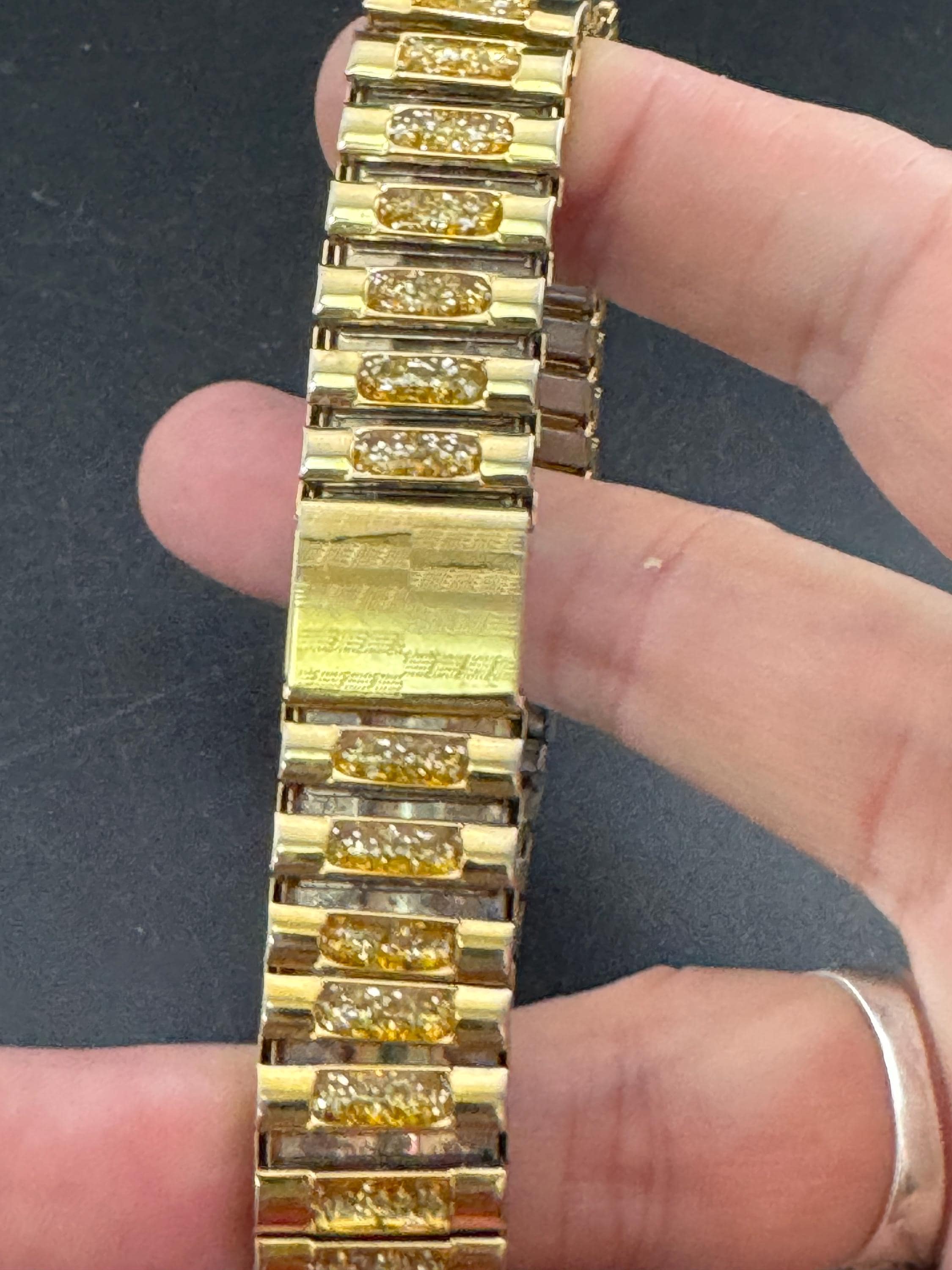 Vintage engine turned gold tone glittery stretchy wide watch strap cuff Bracelet
