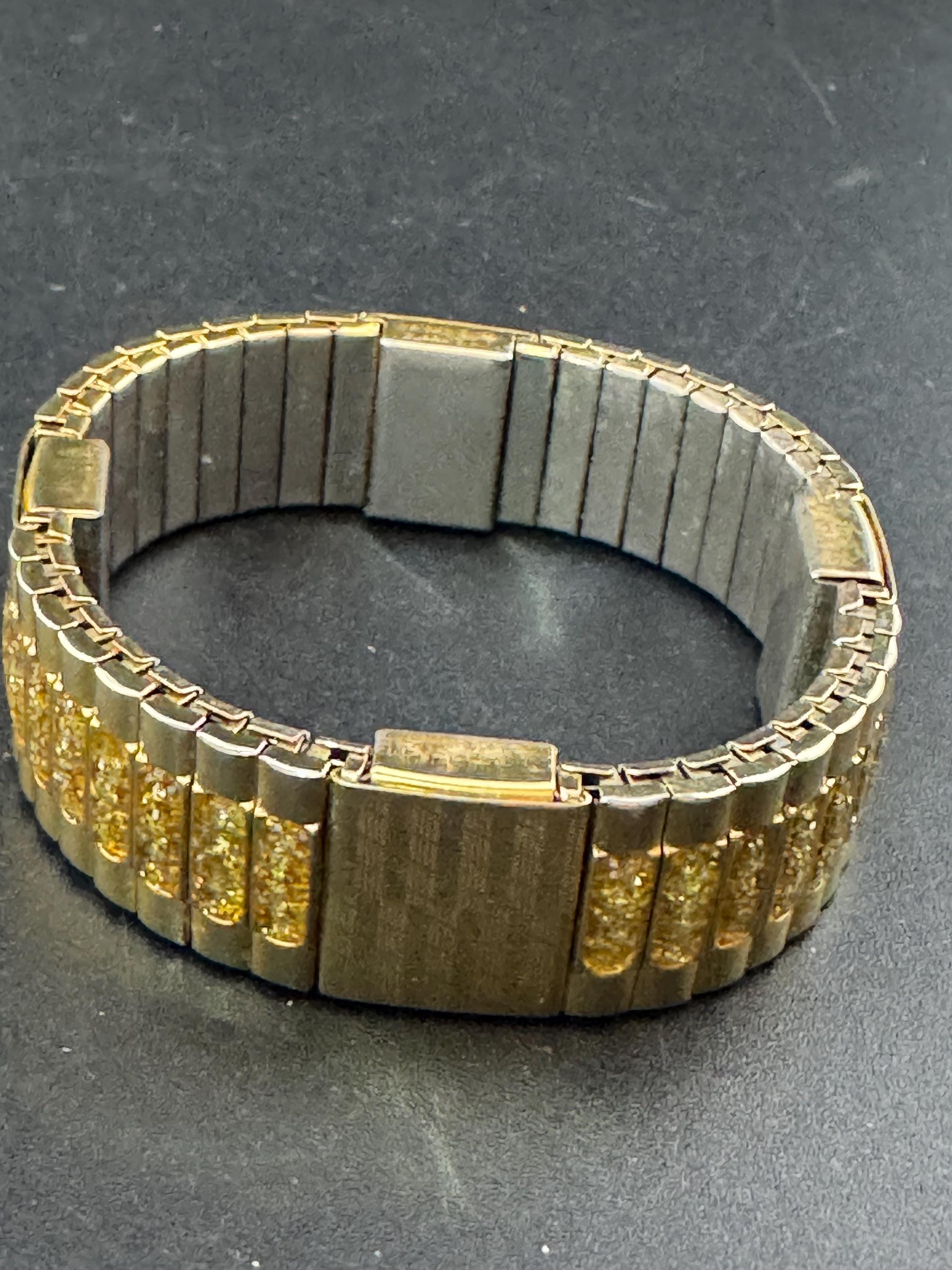 Vintage engine turned gold tone glittery stretchy wide watch strap cuff Bracelet