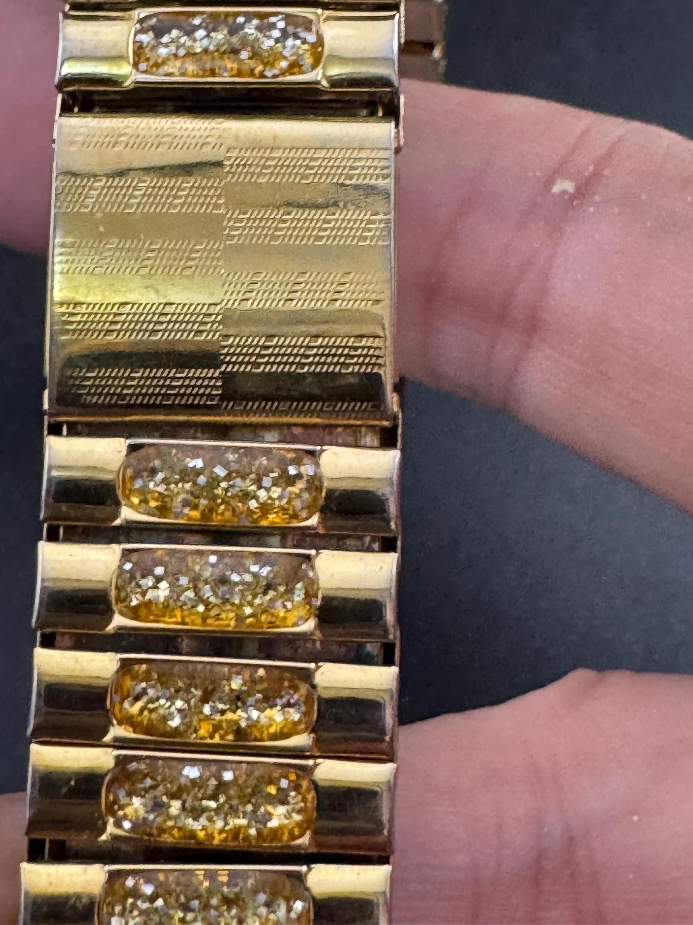 Vintage engine turned gold tone glittery stretchy wide watch strap cuff Bracelet