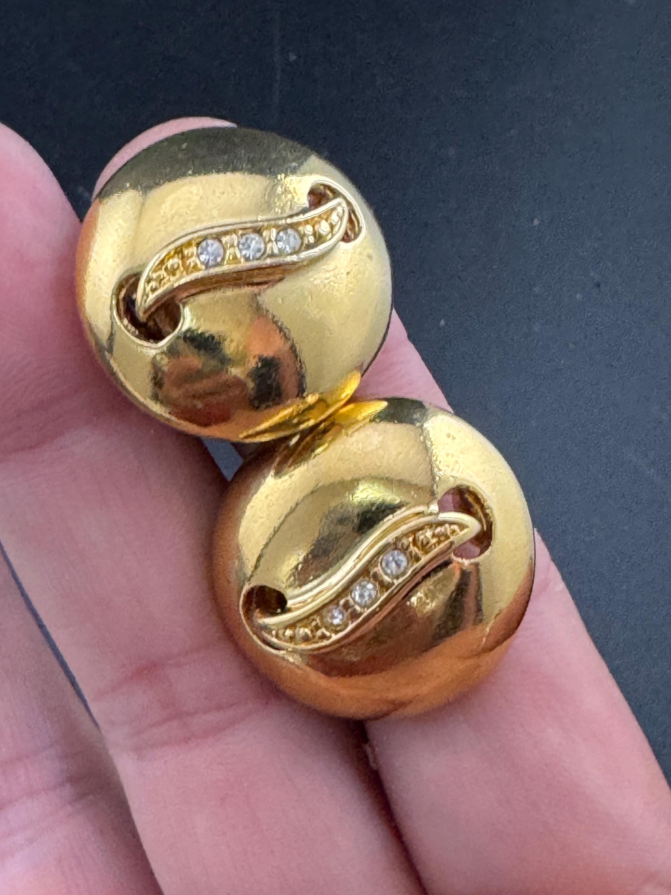 Vintage 80s round domed clear crystal diamanté clip on stud earrings gold tone