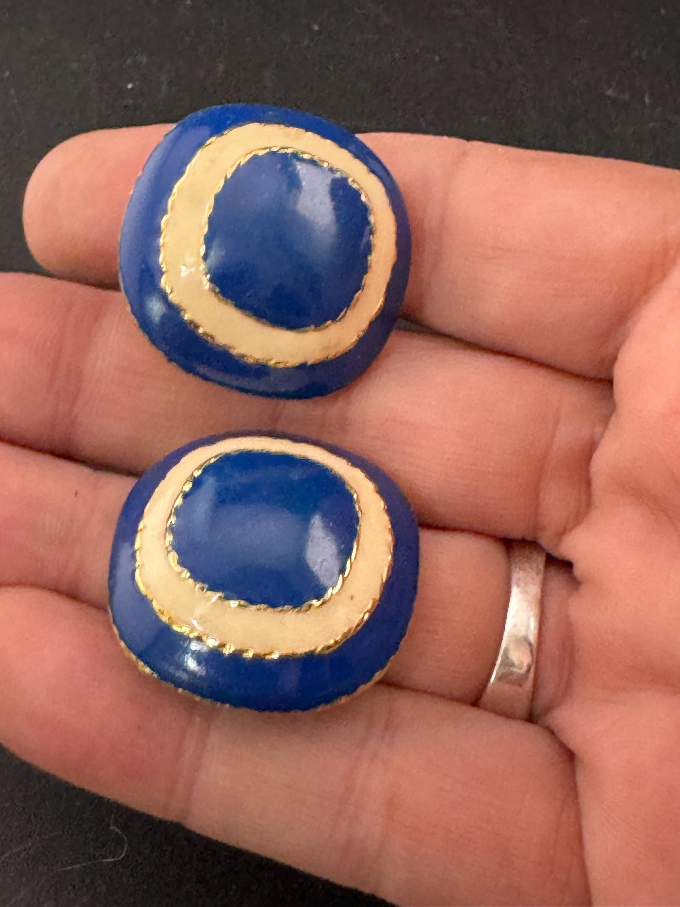 Vintage oversized blue and cream enamel gold tone clip on earrings