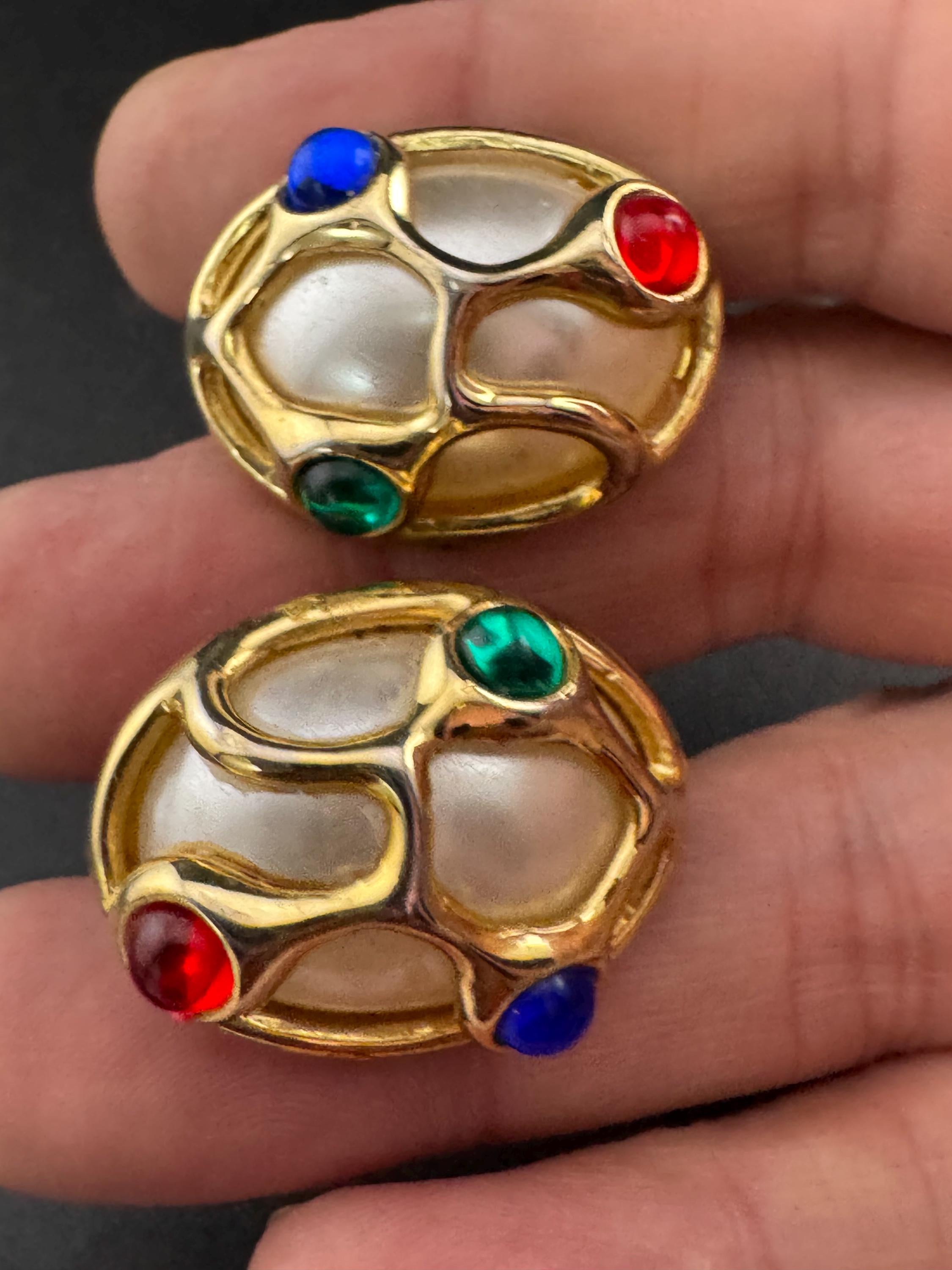 Vintage Gripoix Style Clip On Earrings: Red, Green, Blue Cabochons