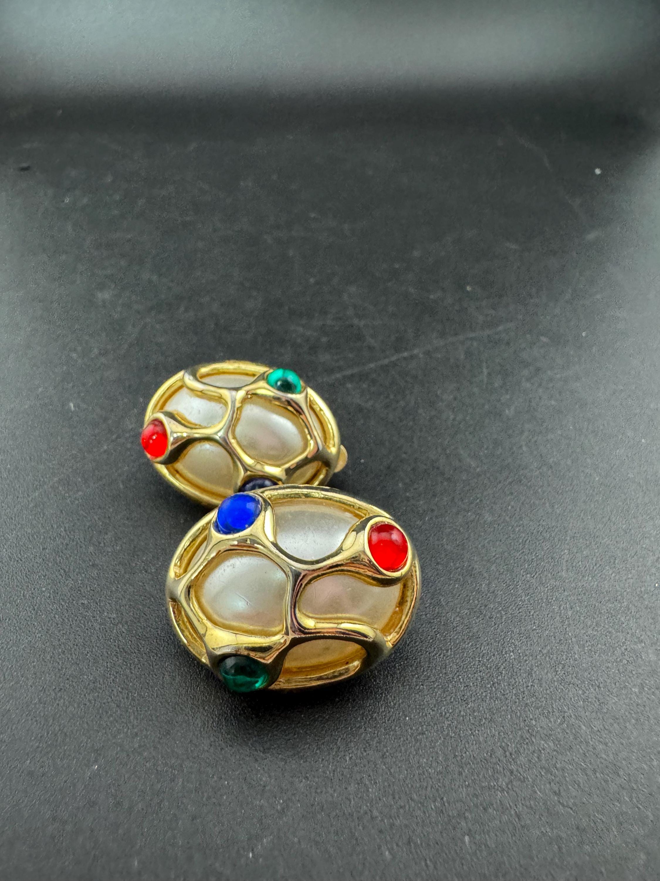 Vintage Gripoix Style Clip On Earrings: Red, Green, Blue Cabochons