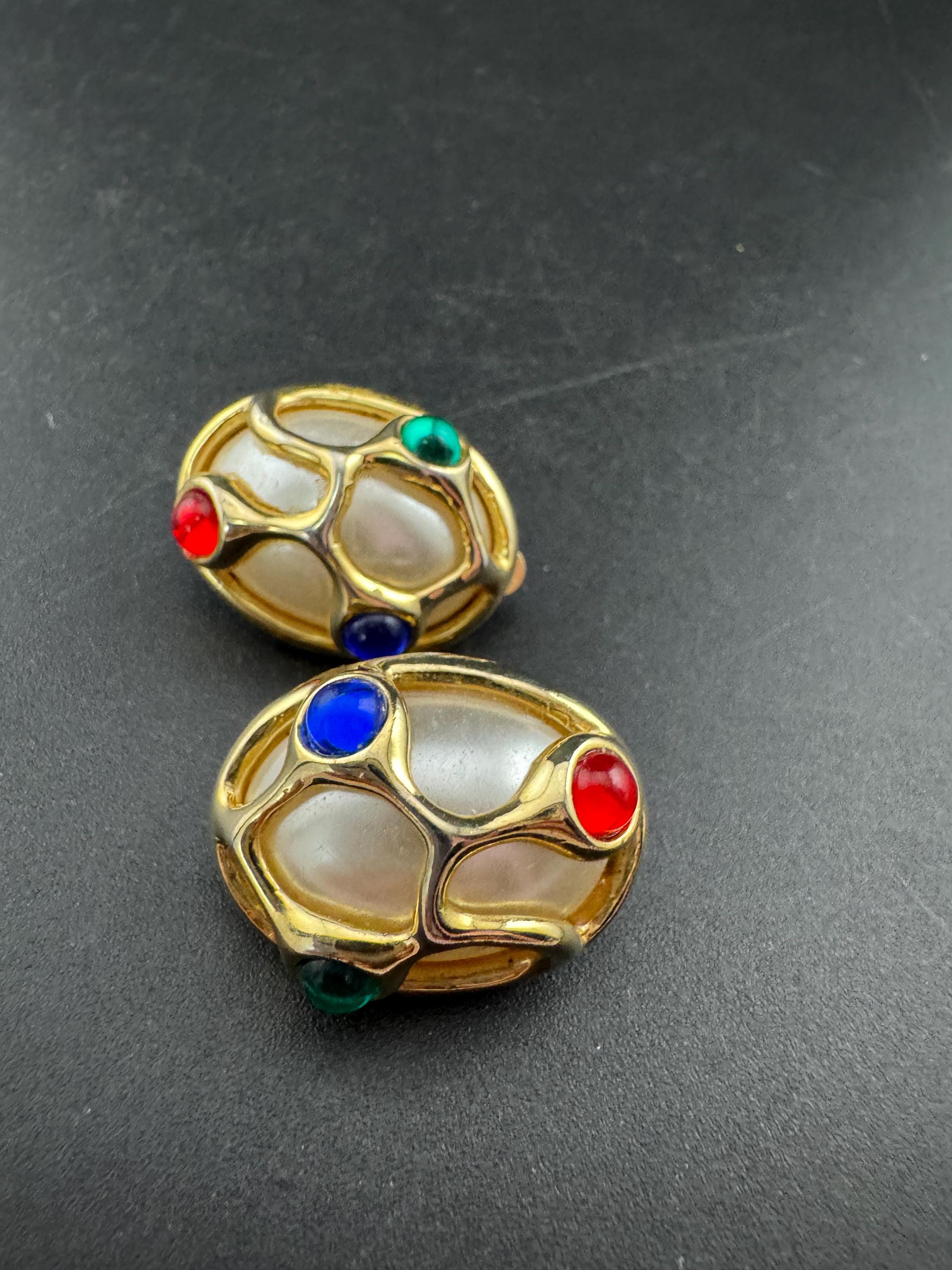 Vintage Gripoix Style Clip On Earrings: Red, Green, Blue Cabochons