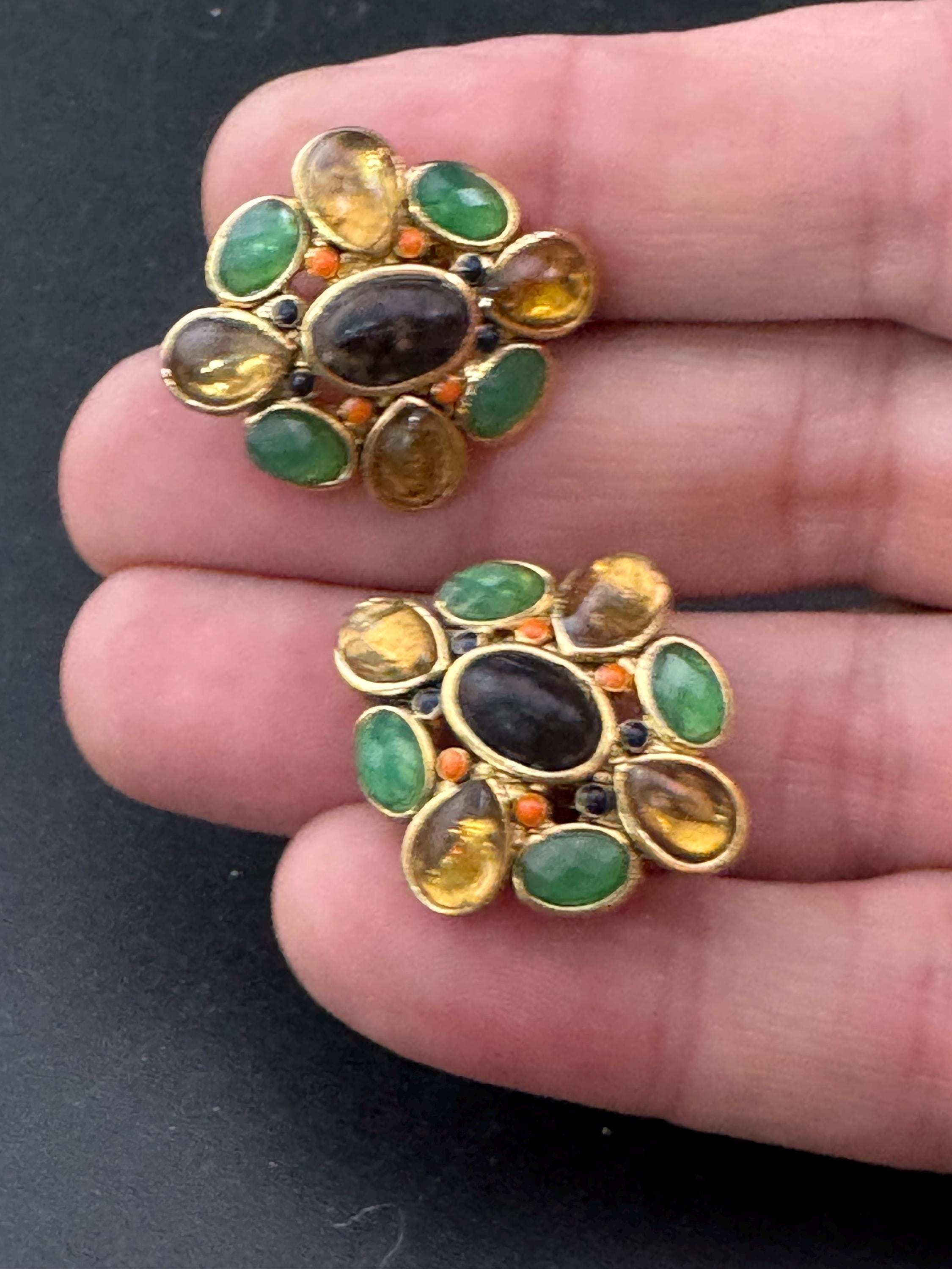 Signed MONET Vintage Gold tone green amber and black cabochon set clip on earrings
