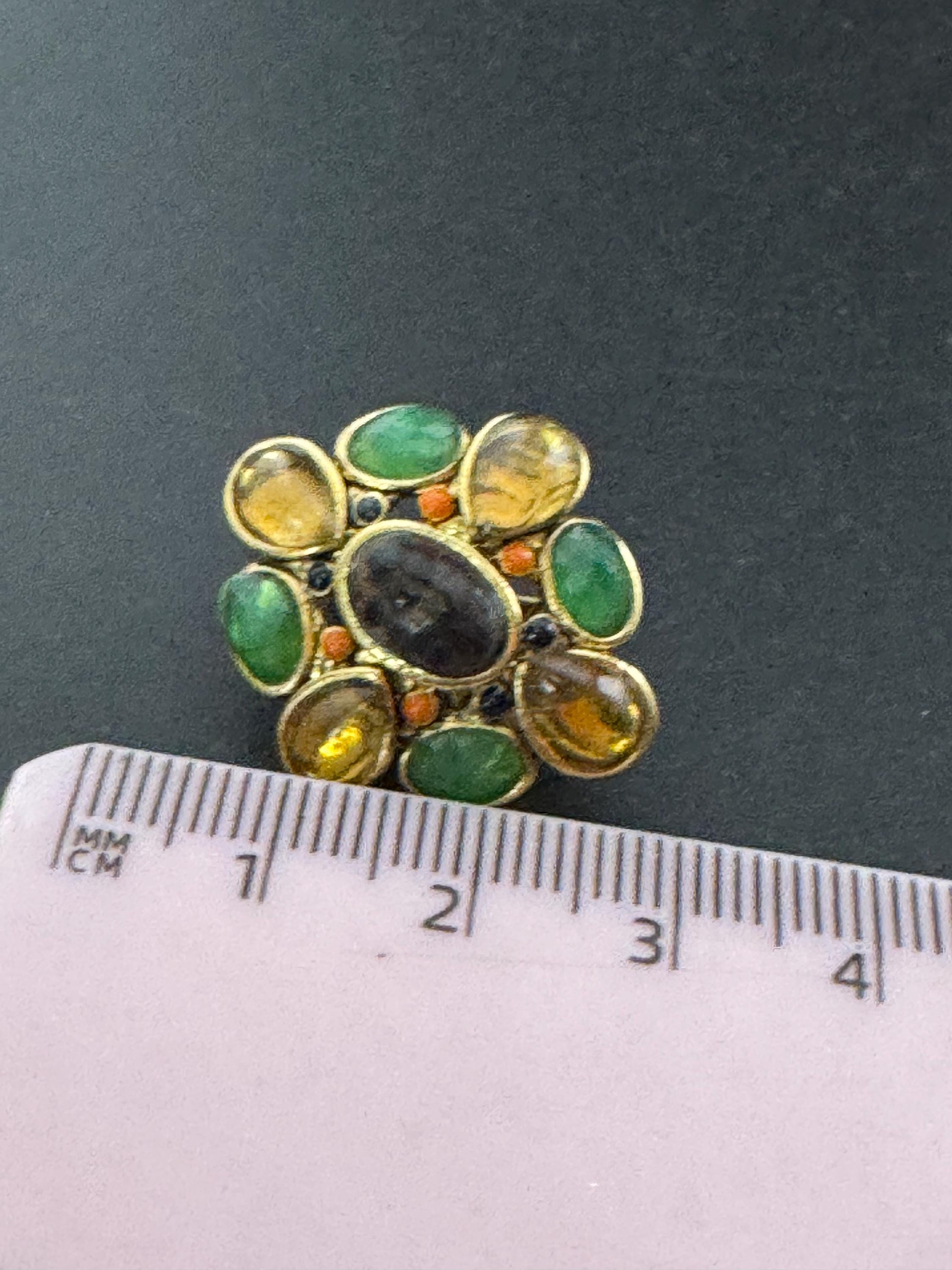 Signed MONET Vintage Gold tone green amber and black cabochon set clip on earrings