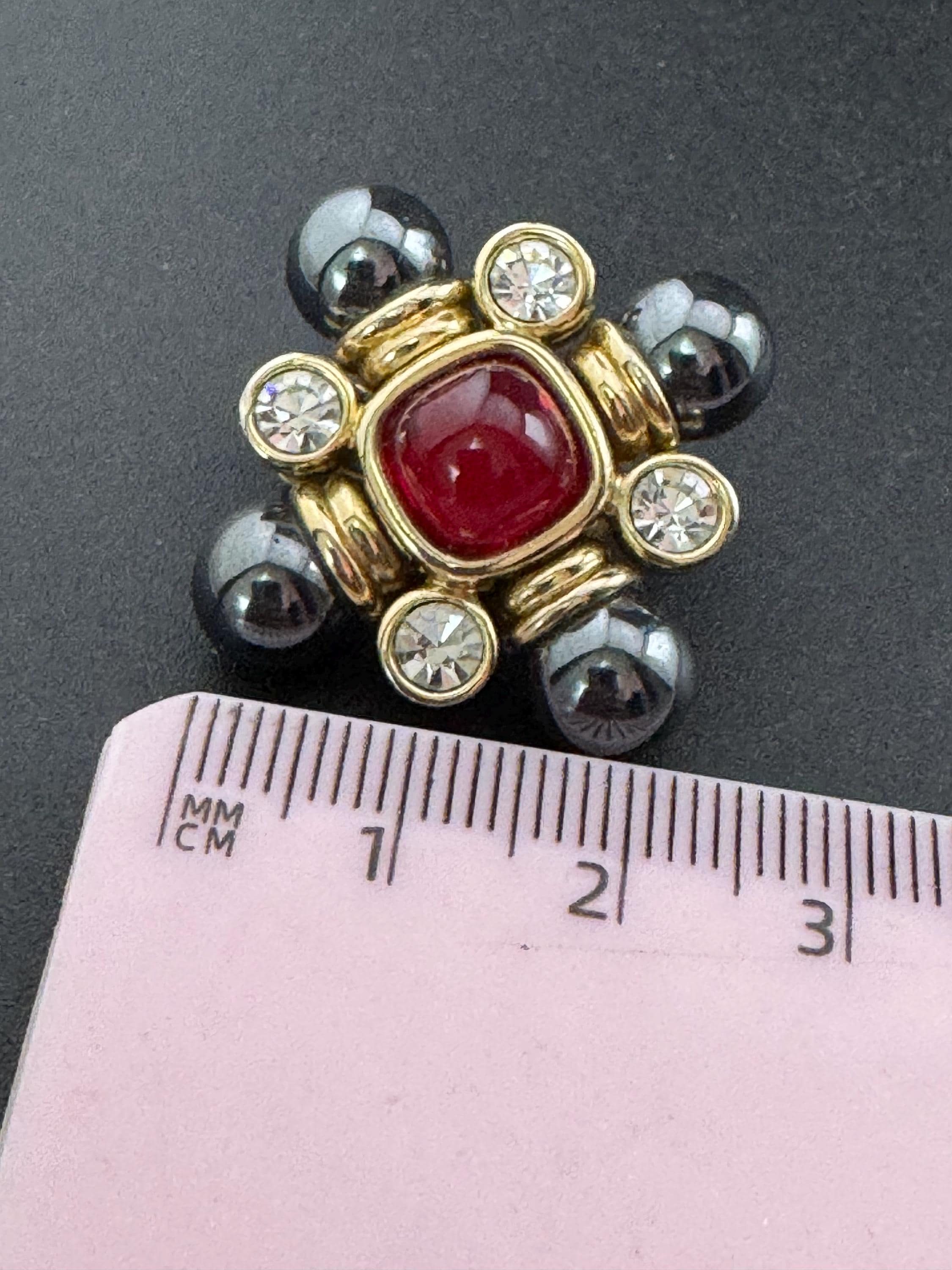 Vintage 1980s Cross Clip On Earrings: Grey Pearl, Red Cabochon, Diamanté, Gold Plated