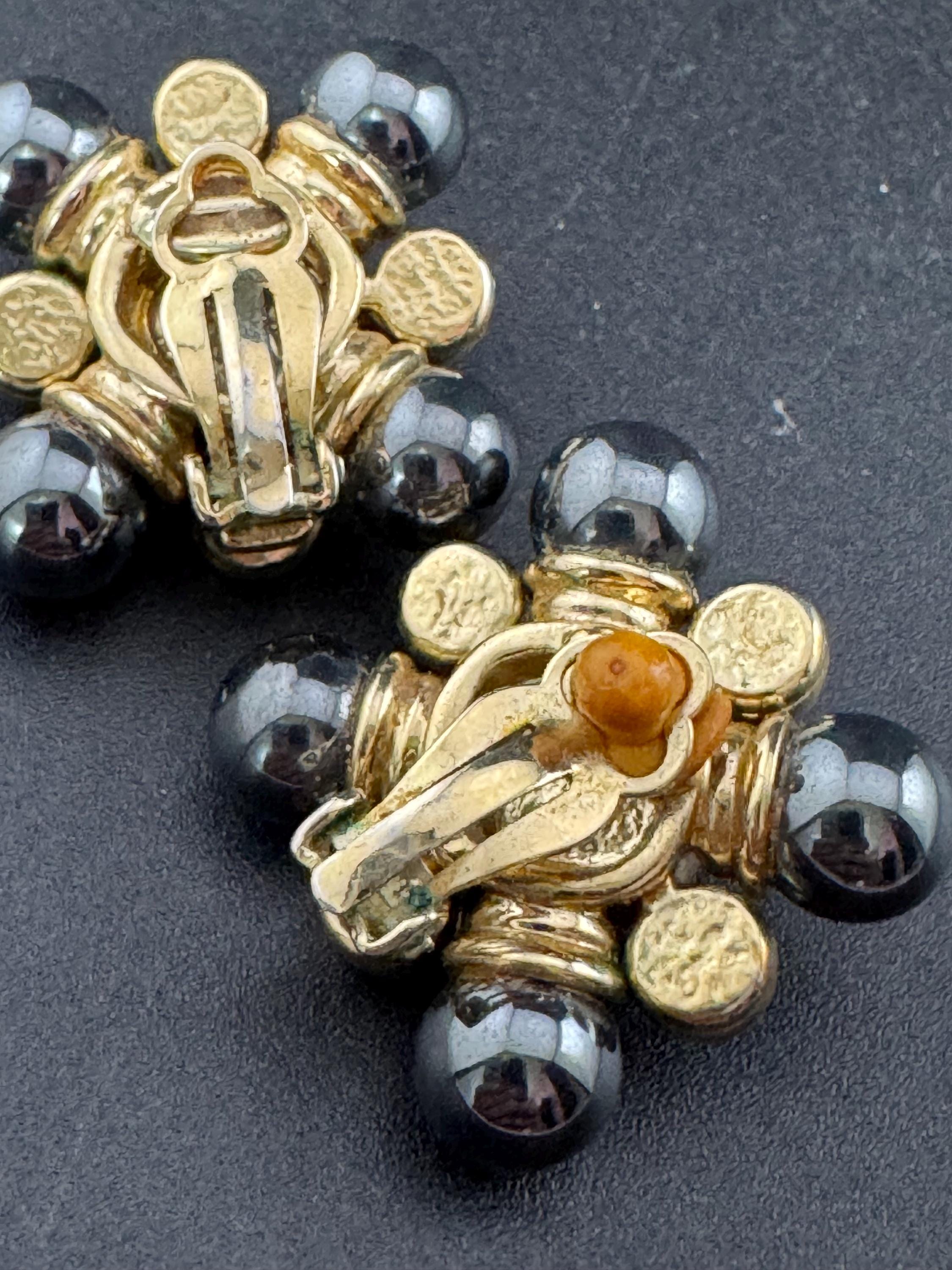 Vintage 1980s Cross Clip On Earrings: Grey Pearl, Red Cabochon, Diamanté, Gold Plated