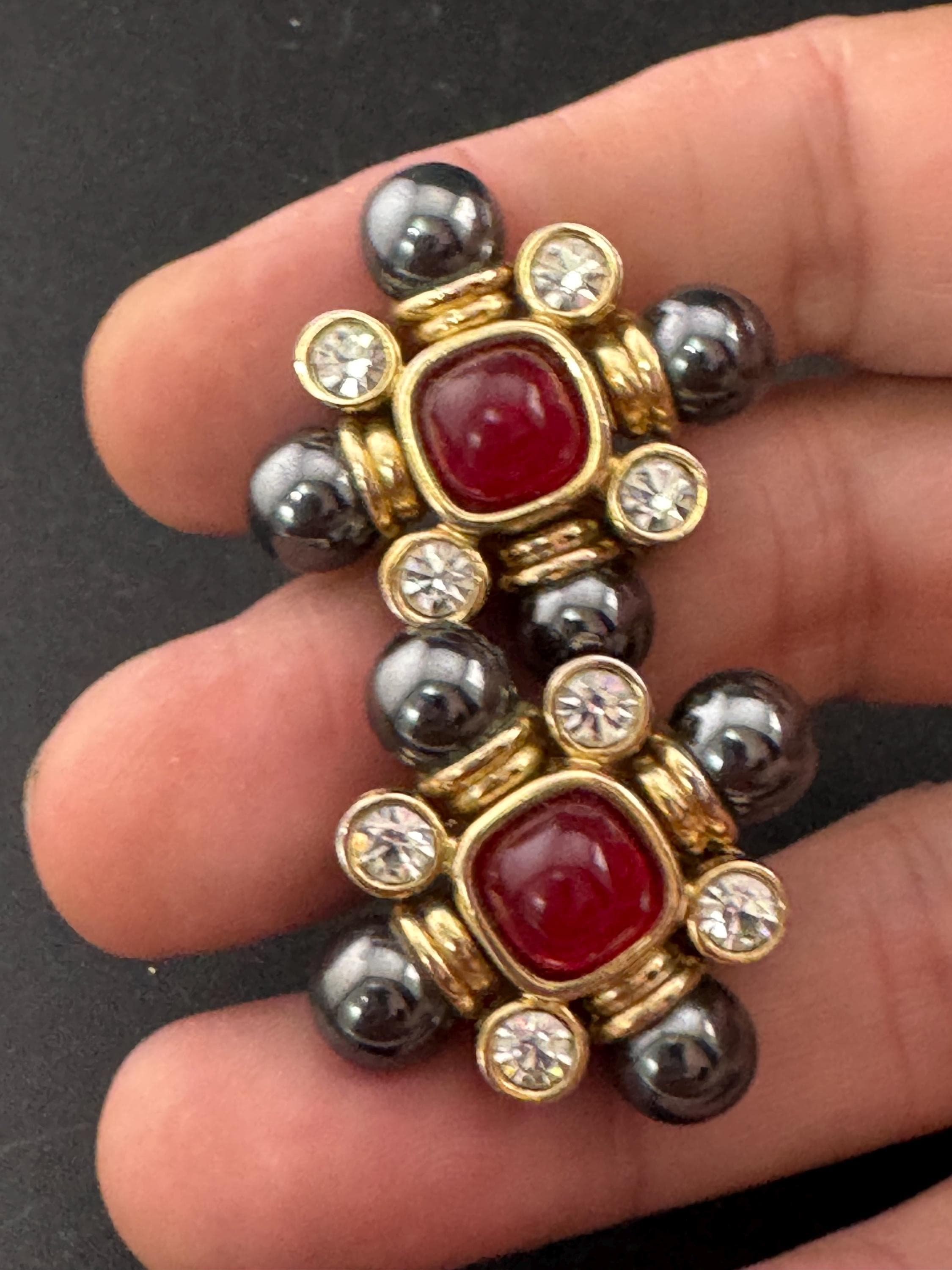 Vintage 1980s Cross Clip On Earrings: Grey Pearl, Red Cabochon, Diamanté, Gold Plated