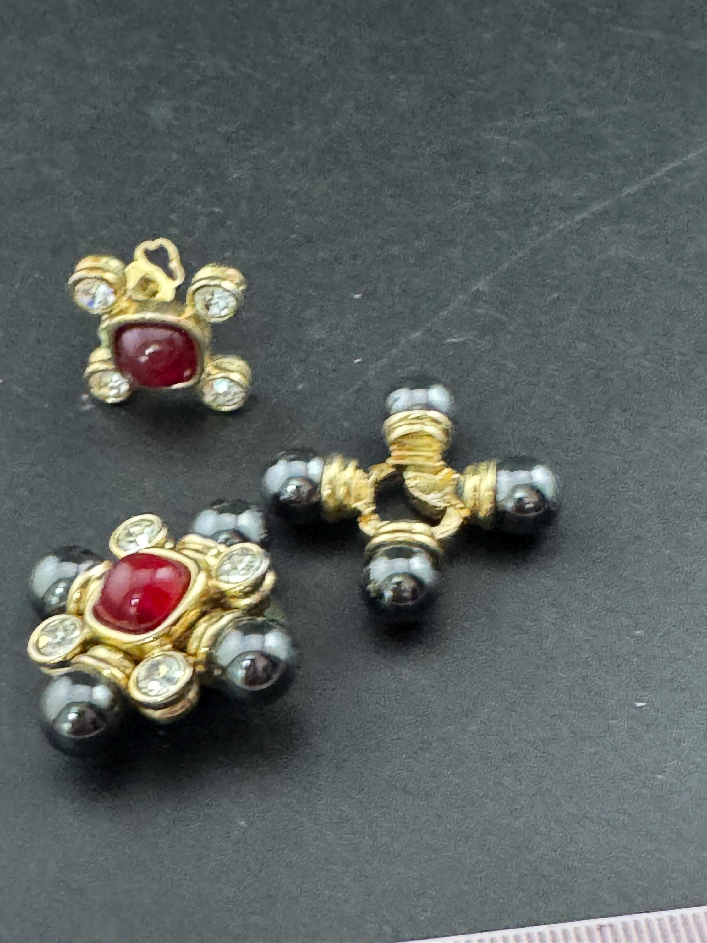 Vintage 1980s Cross Clip On Earrings: Grey Pearl, Red Cabochon, Diamanté, Gold Plated
