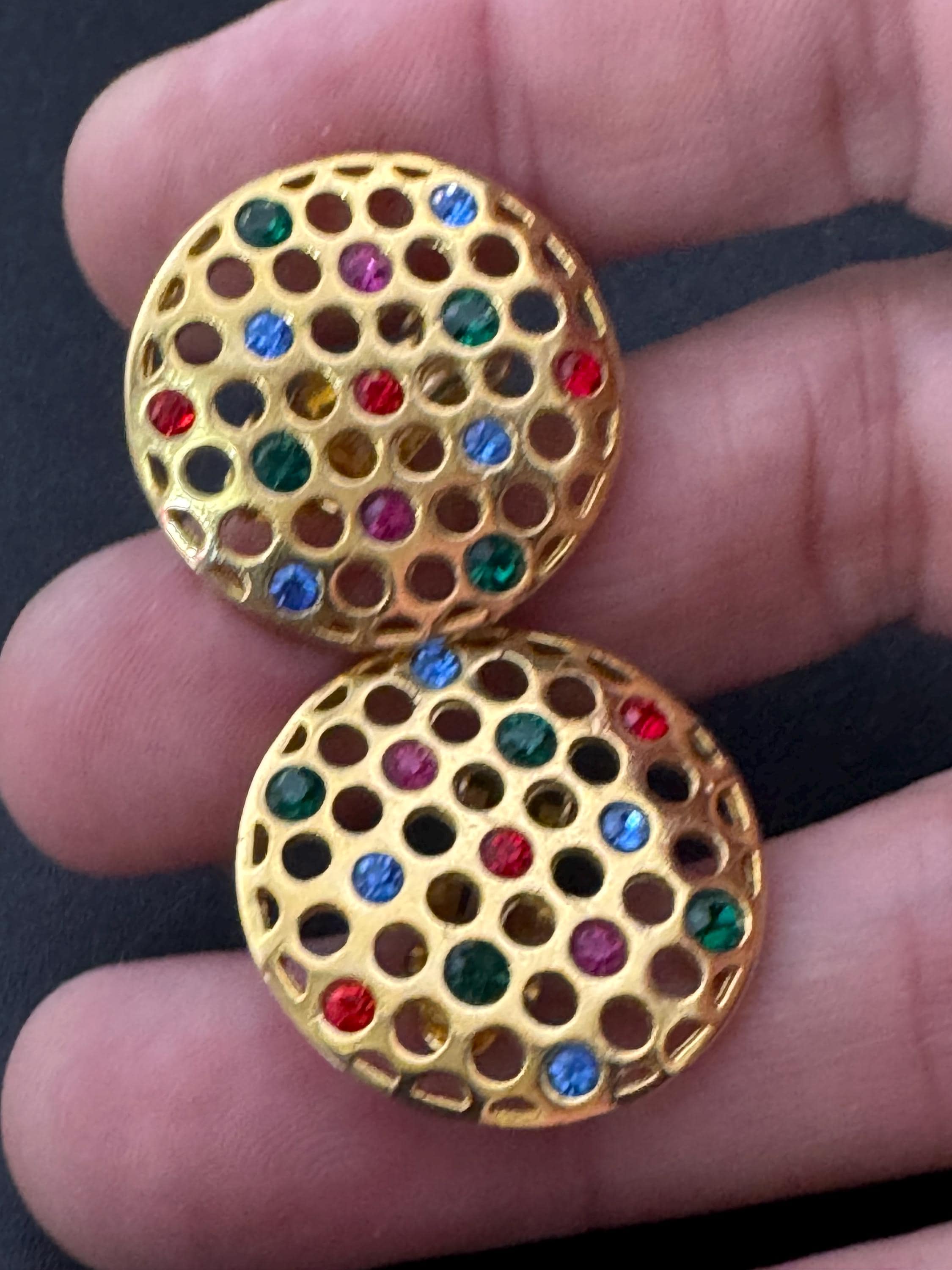 Vintage rainbow diamanté round disc clip on earrings, gold tone crystal set