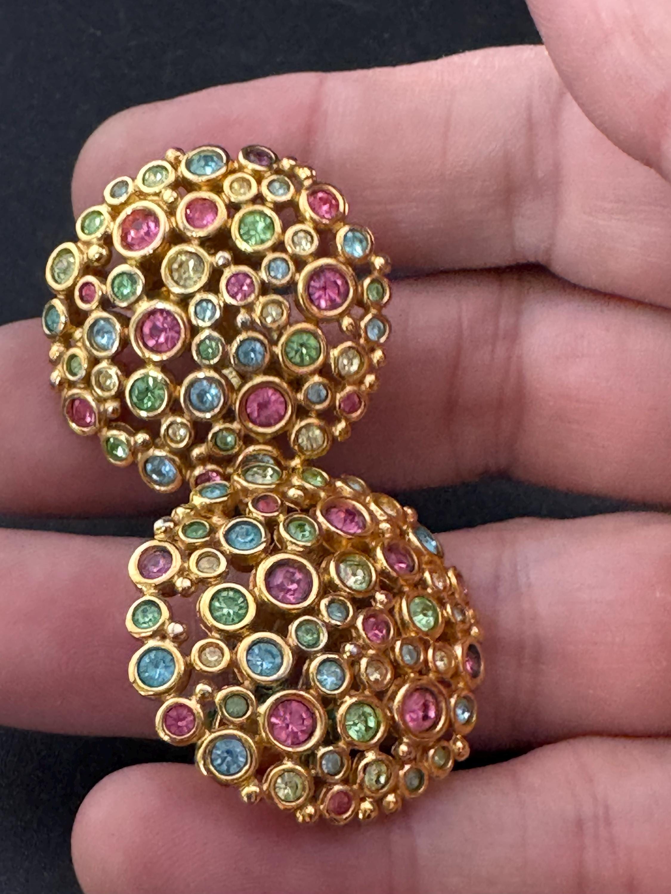 Vintage rainbow pastel diamanté round disc clip on earrings, gold tone crystal set 3.5cm