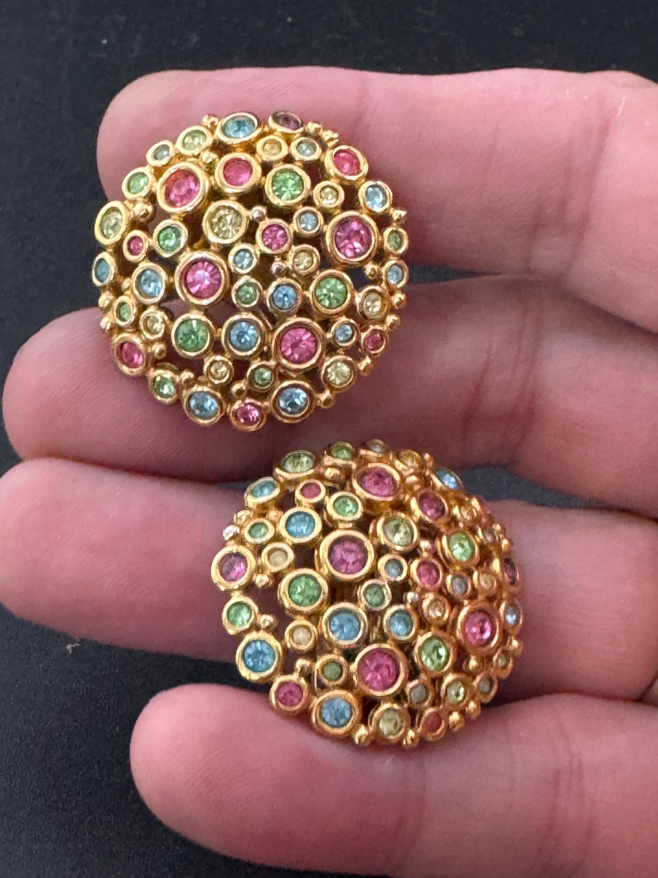 Vintage rainbow pastel diamanté round disc clip on earrings, gold tone crystal set 3.5cm