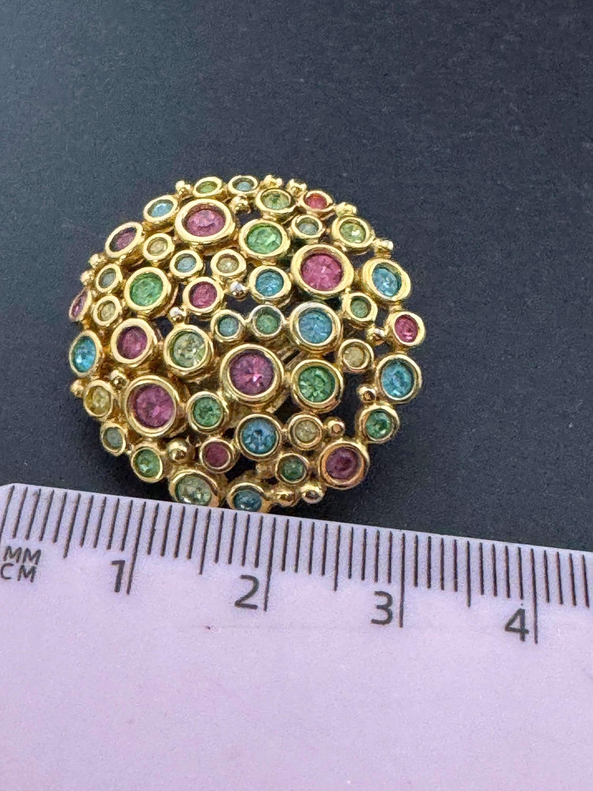 Vintage rainbow pastel diamanté round disc clip on earrings, gold tone crystal set 3.5cm