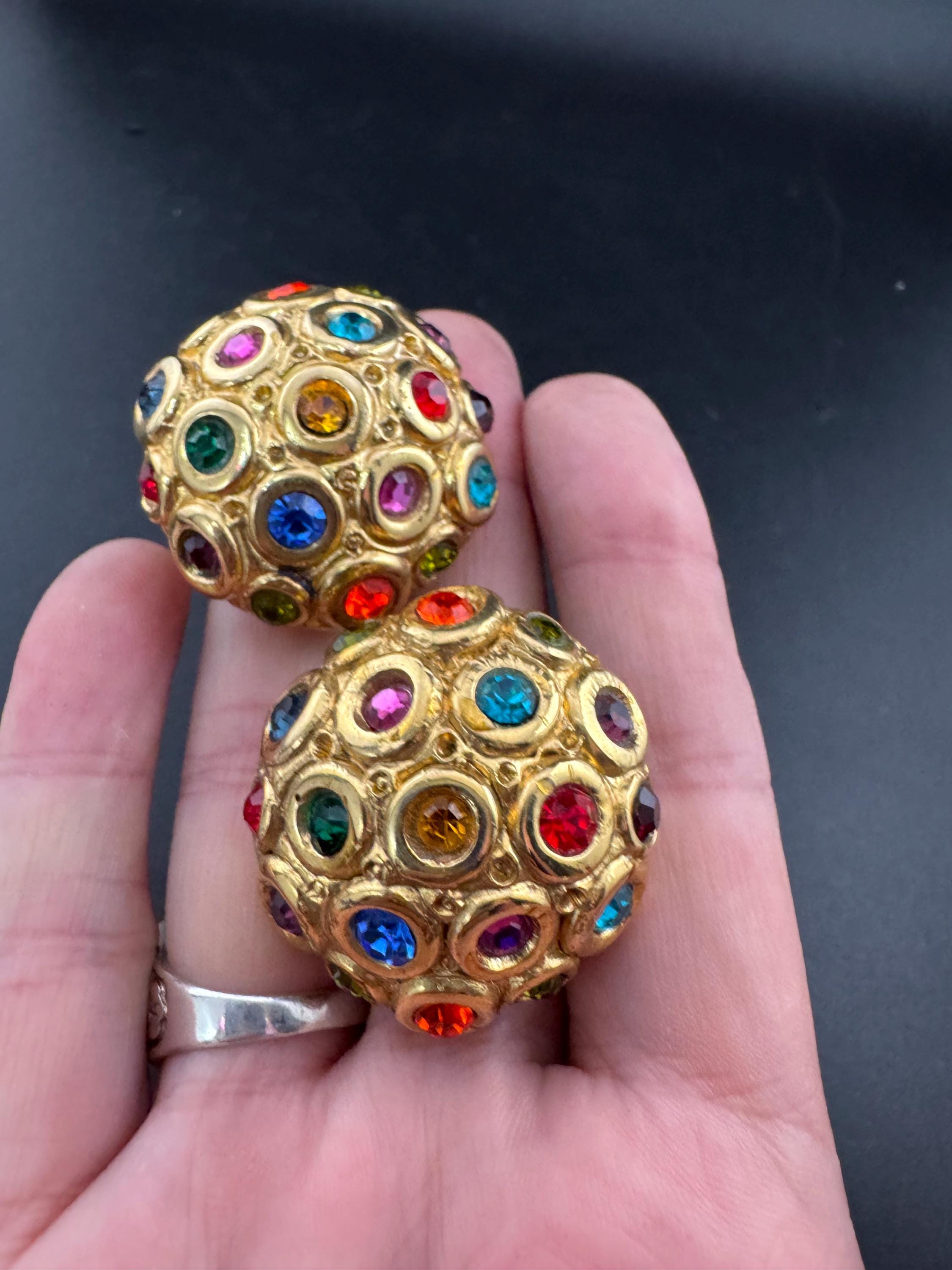 Jacky de G Diamanté domed Clip On Earrings: Oversized Gold Tone