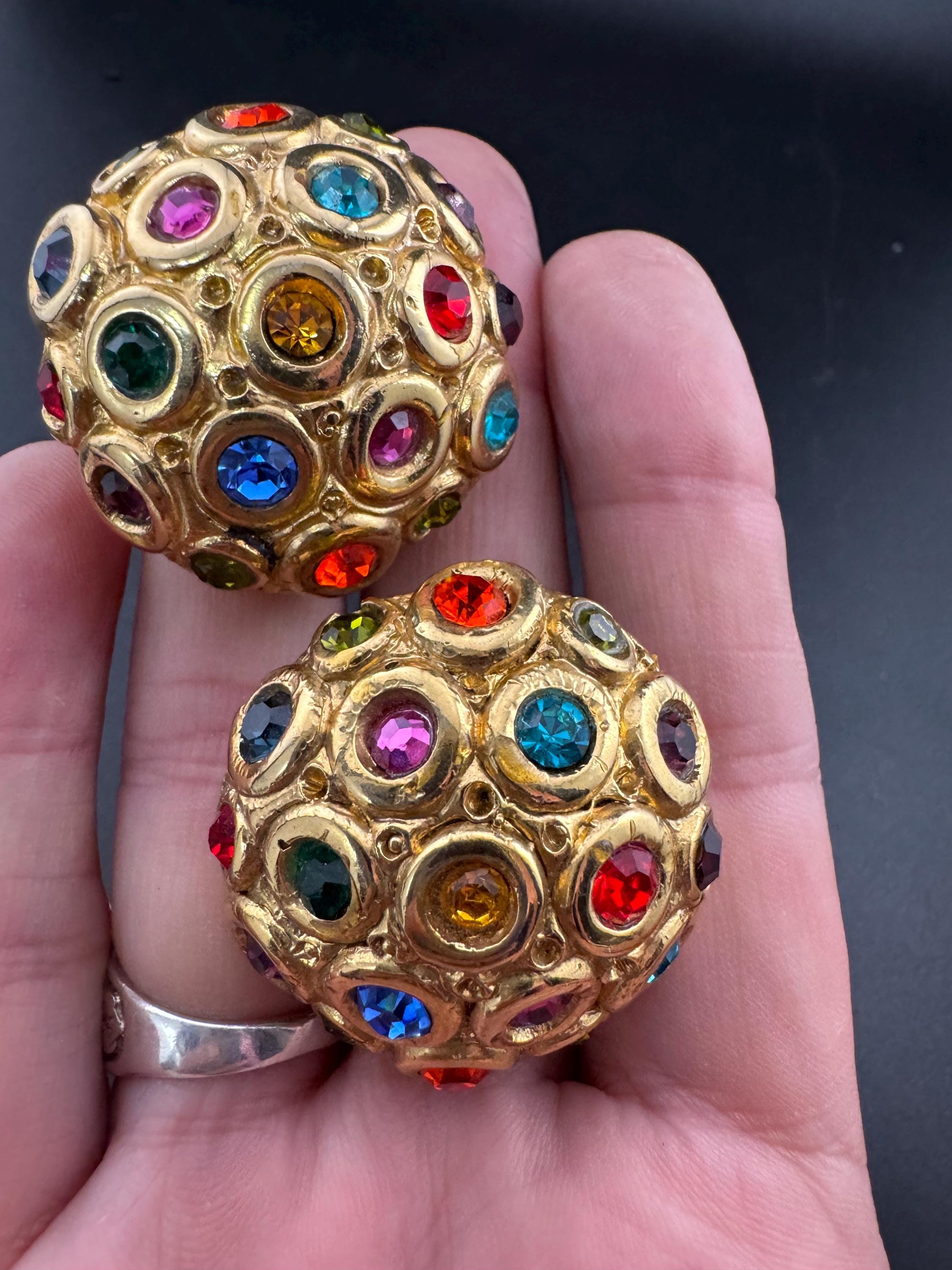 Jacky de G Diamanté domed Clip On Earrings: Oversized Gold Tone