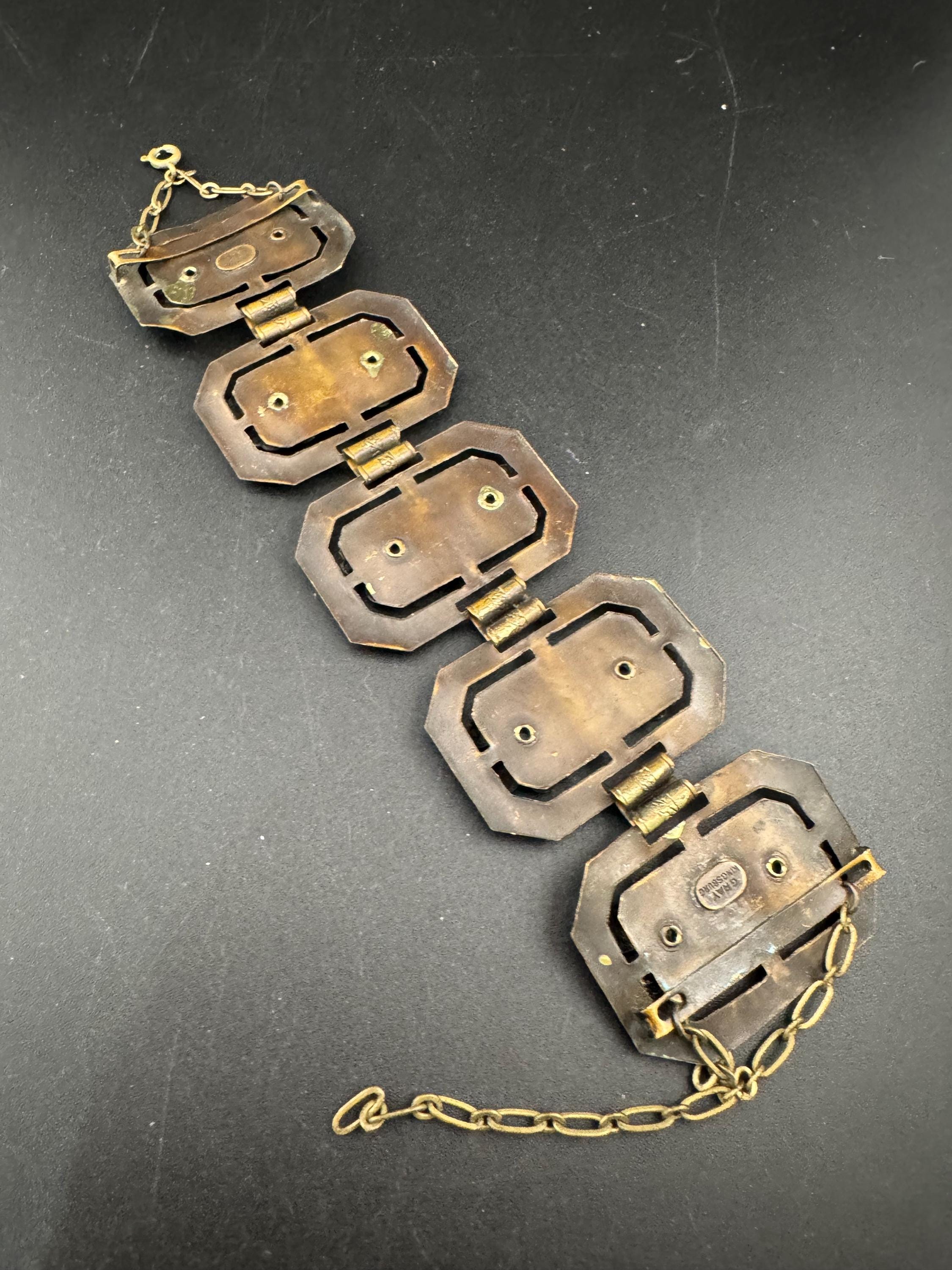 Gray Kingsburg art deco Uranium UV reactive Czech Green cabochon brass panel link wide bracelet