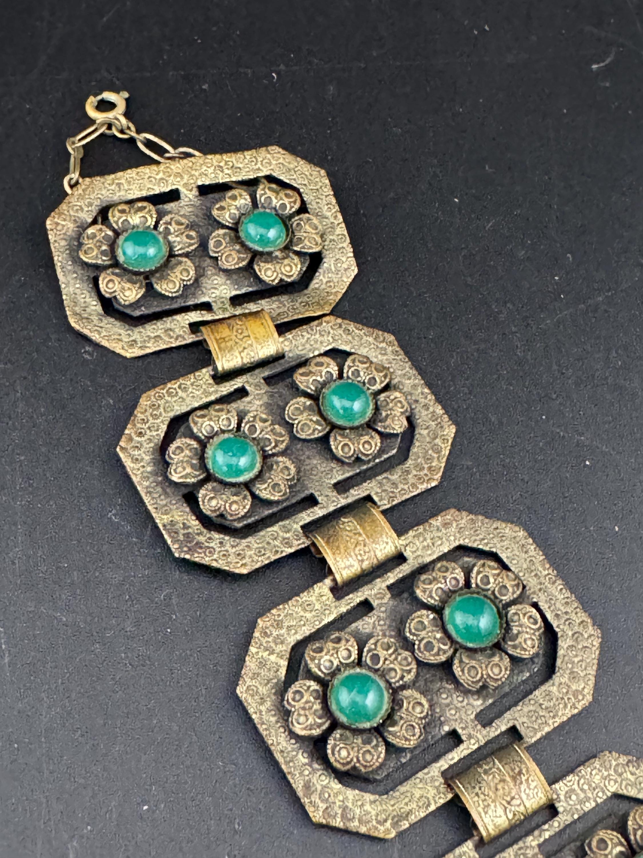 Gray Kingsburg art deco Uranium UV reactive Czech Green cabochon brass panel link wide bracelet