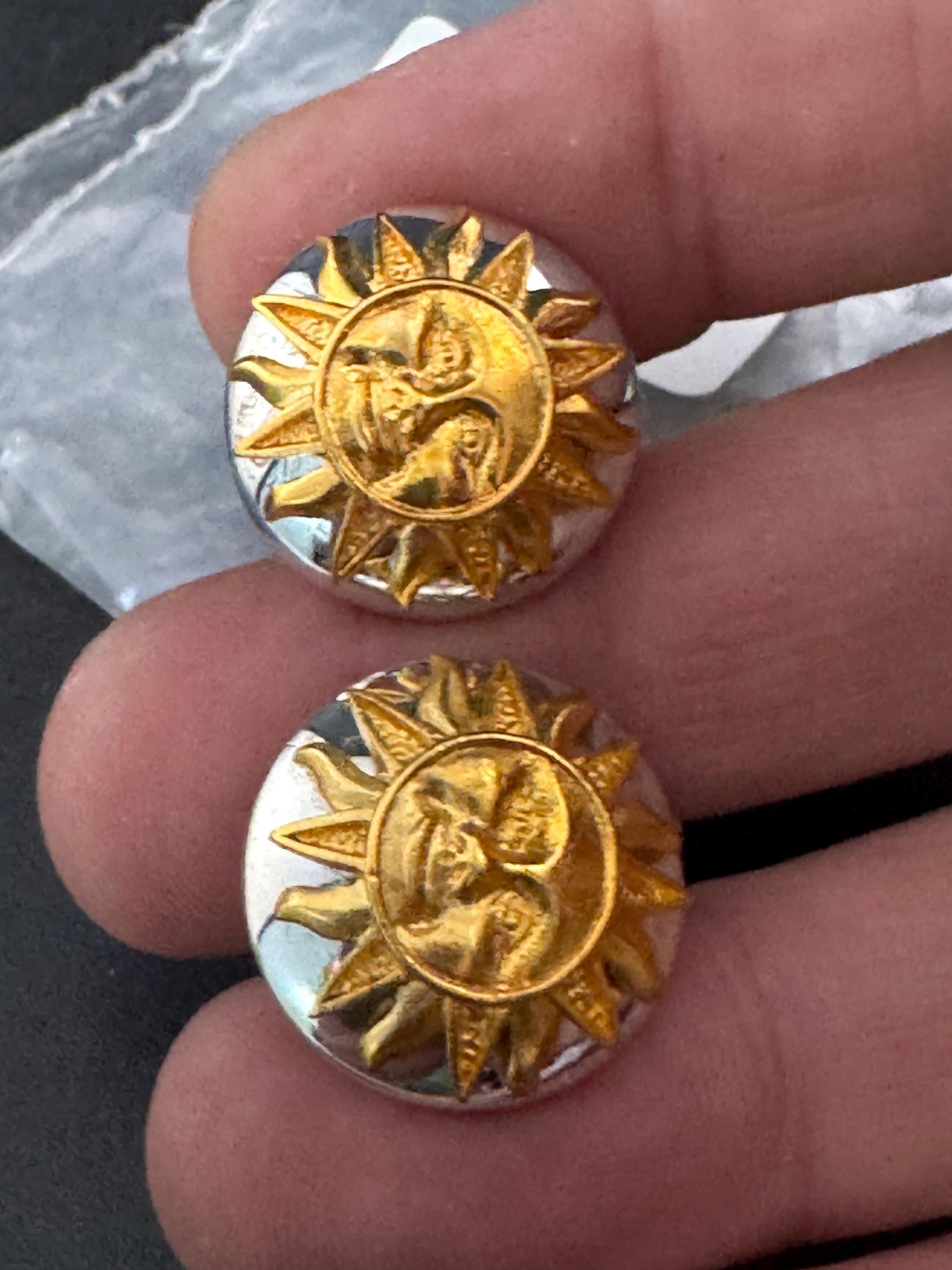 set of 2 button covers vintage CABOUCHON gold and silver tone Sun design 20mm