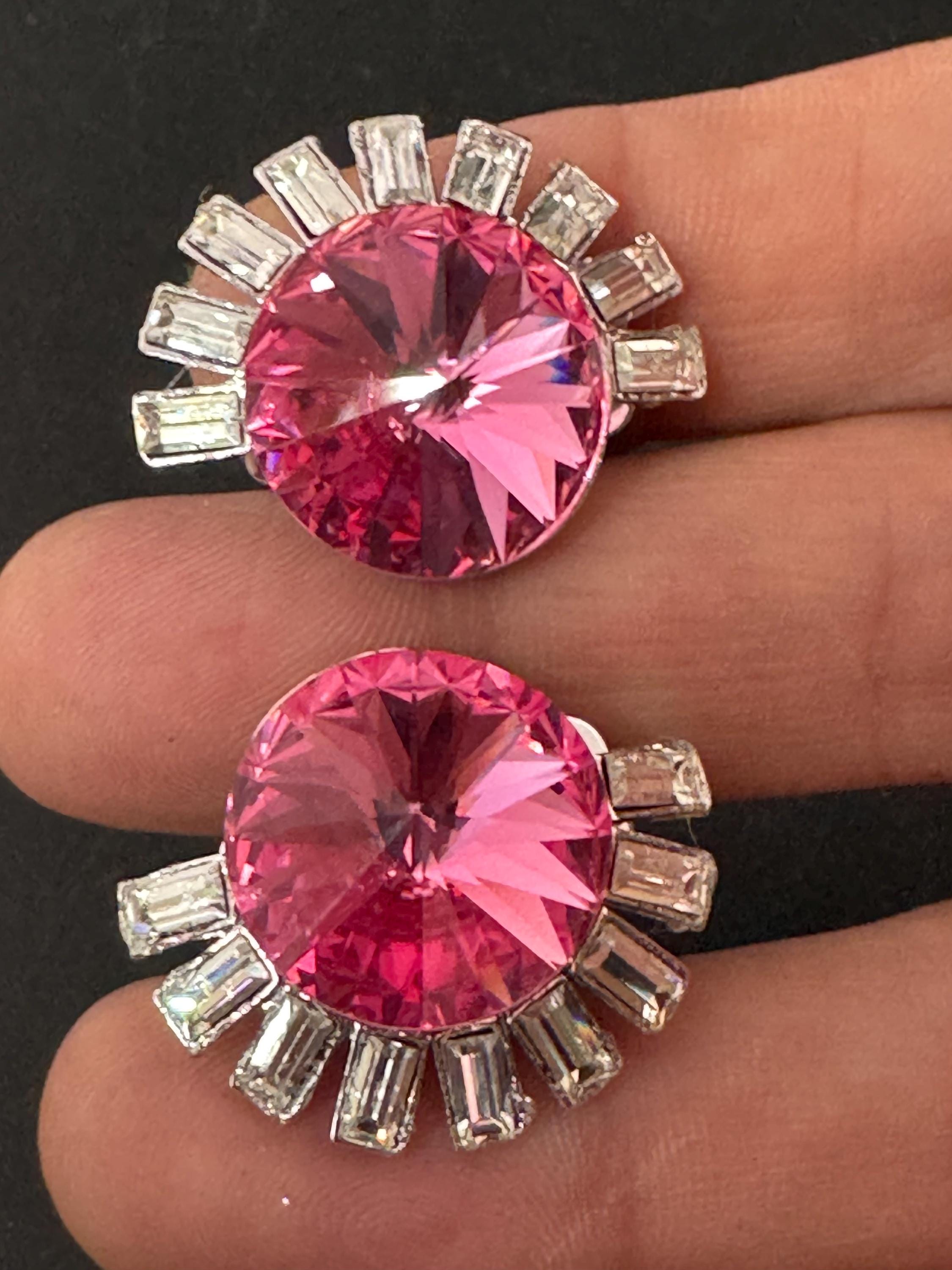 vintage oversized 3cm silver tone pink and clear Swarovski rivoli crystal clip on earrings