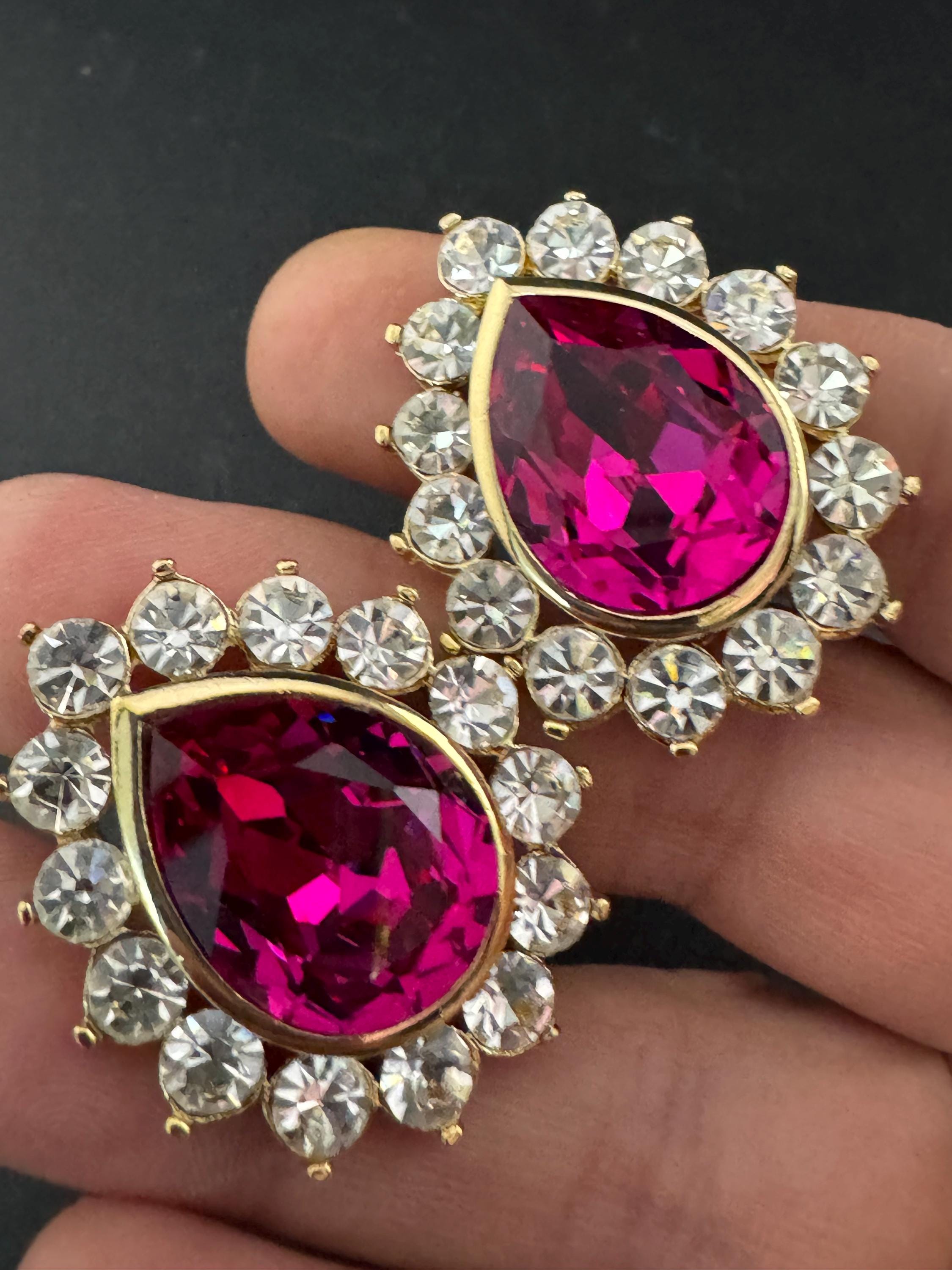 Oversized pink Swarovski Crystal Clip On Earrings: Vintage 1980s Gold Tone