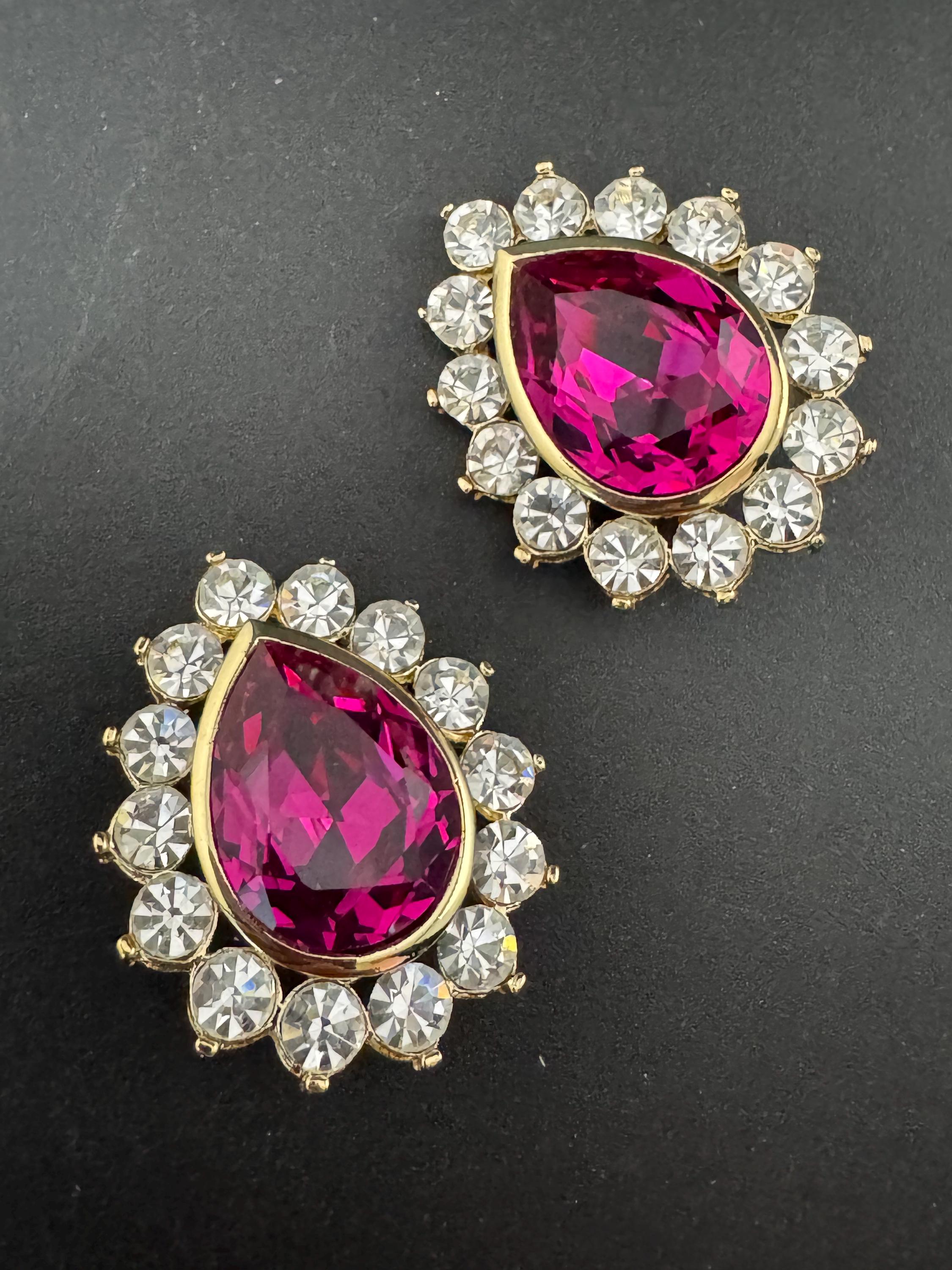 Oversized pink Swarovski Crystal Clip On Earrings: Vintage 1980s Gold Tone
