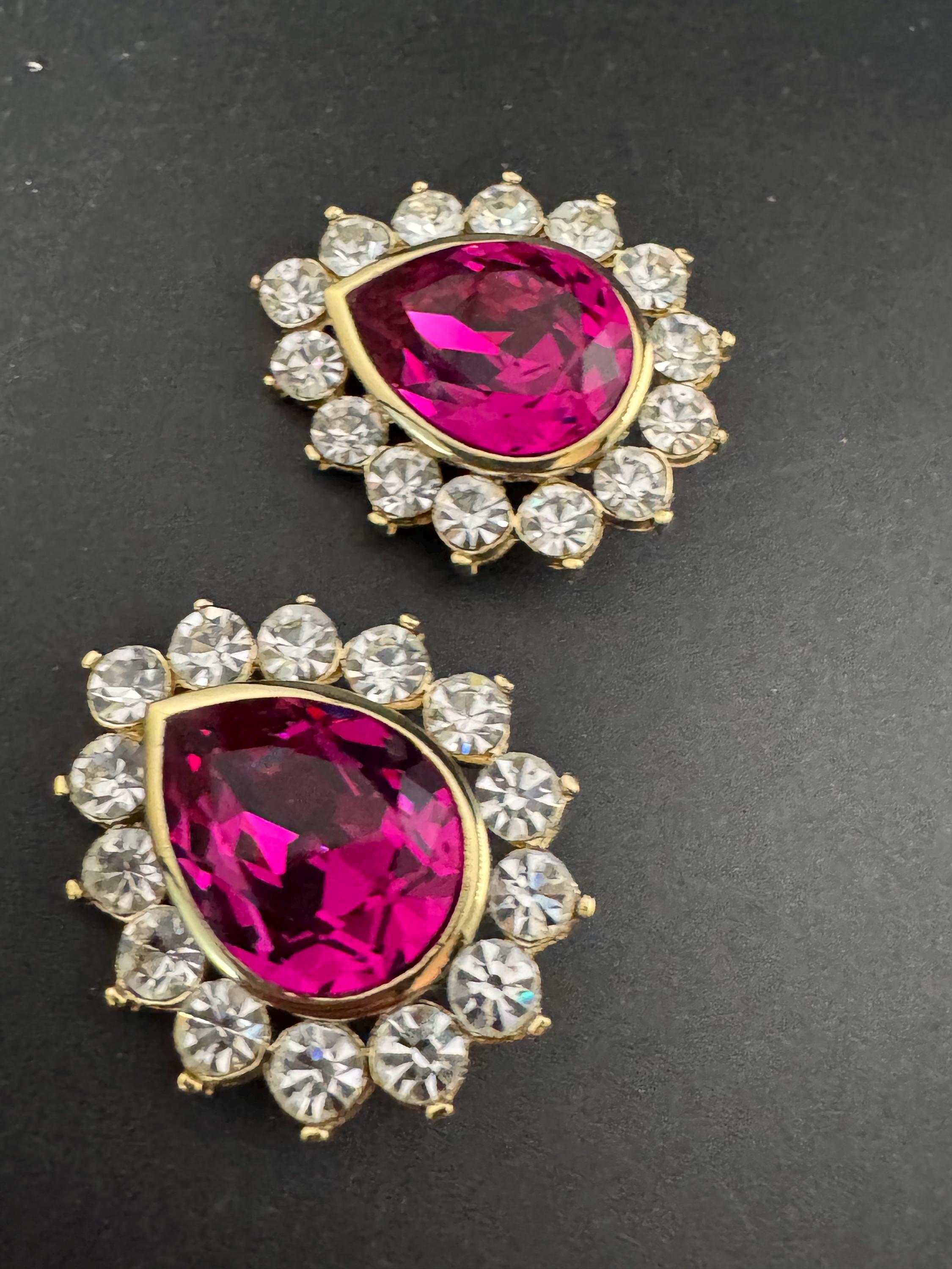 Oversized pink Swarovski Crystal Clip On Earrings: Vintage 1980s Gold Tone