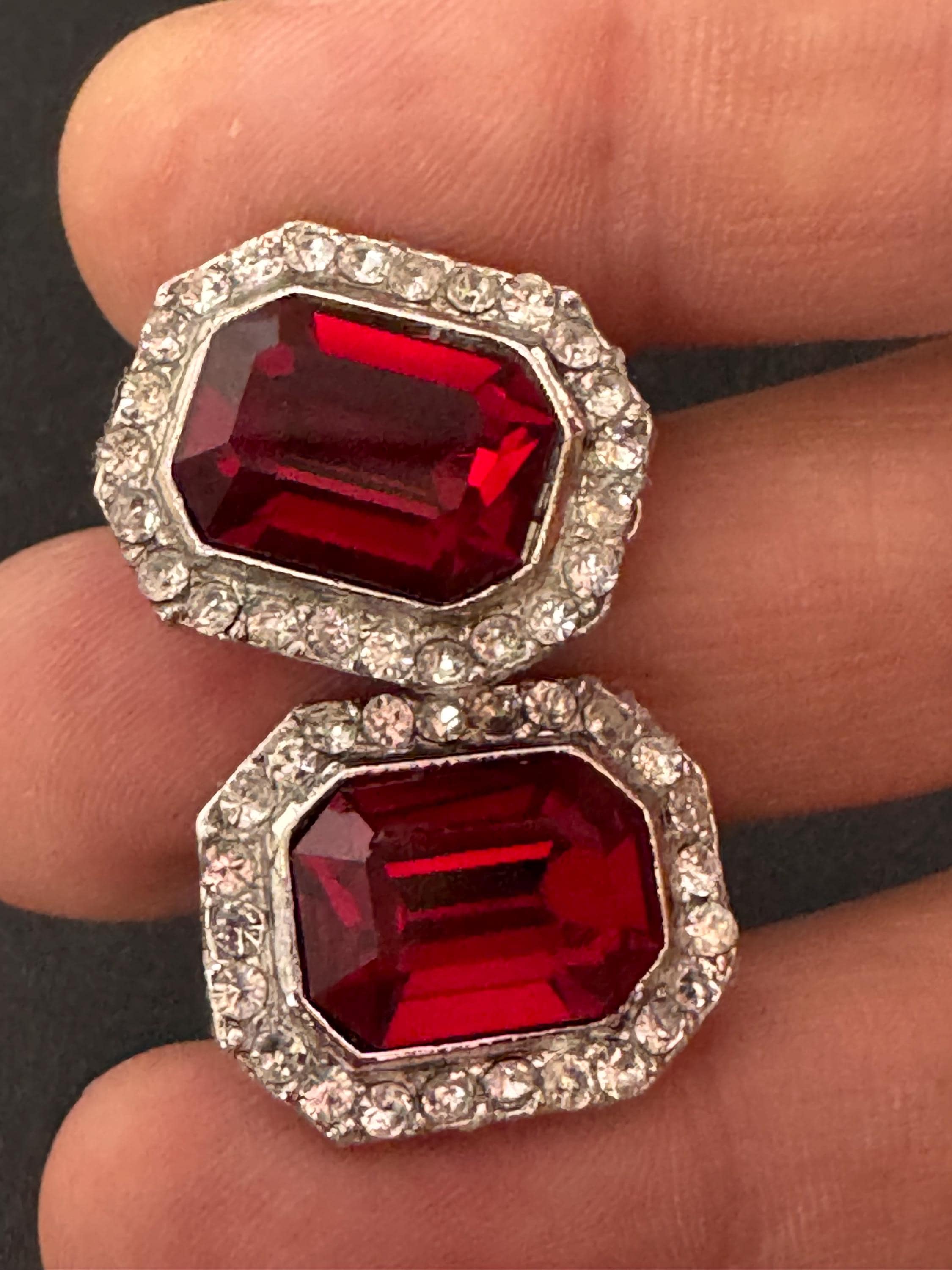 2cm clear and ruby red genuine Swarovski crystal octagon clip on earrings, silver tone