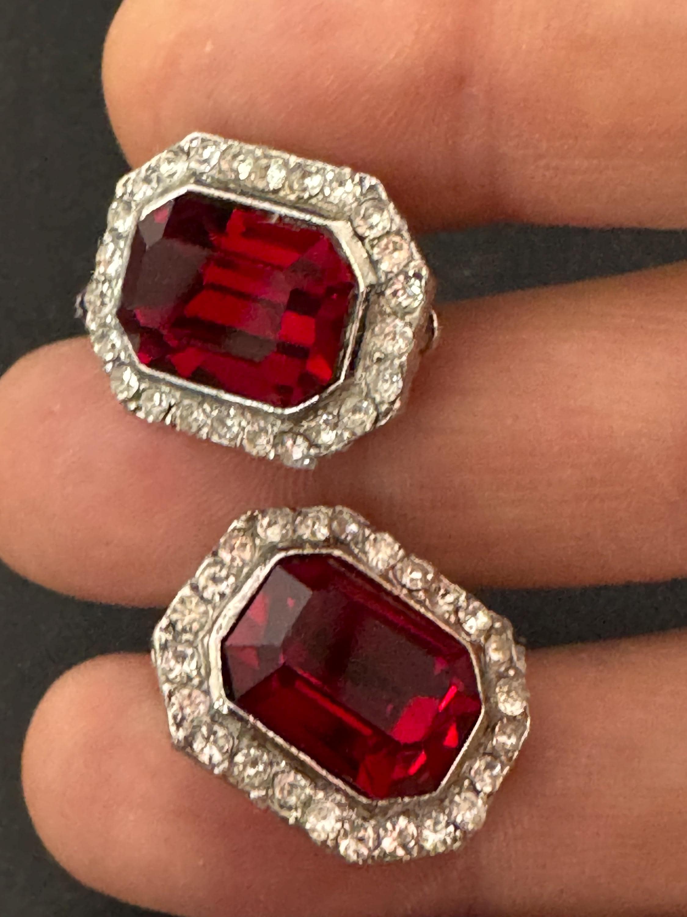 2cm clear and ruby red genuine Swarovski crystal octagon clip on earrings, silver tone