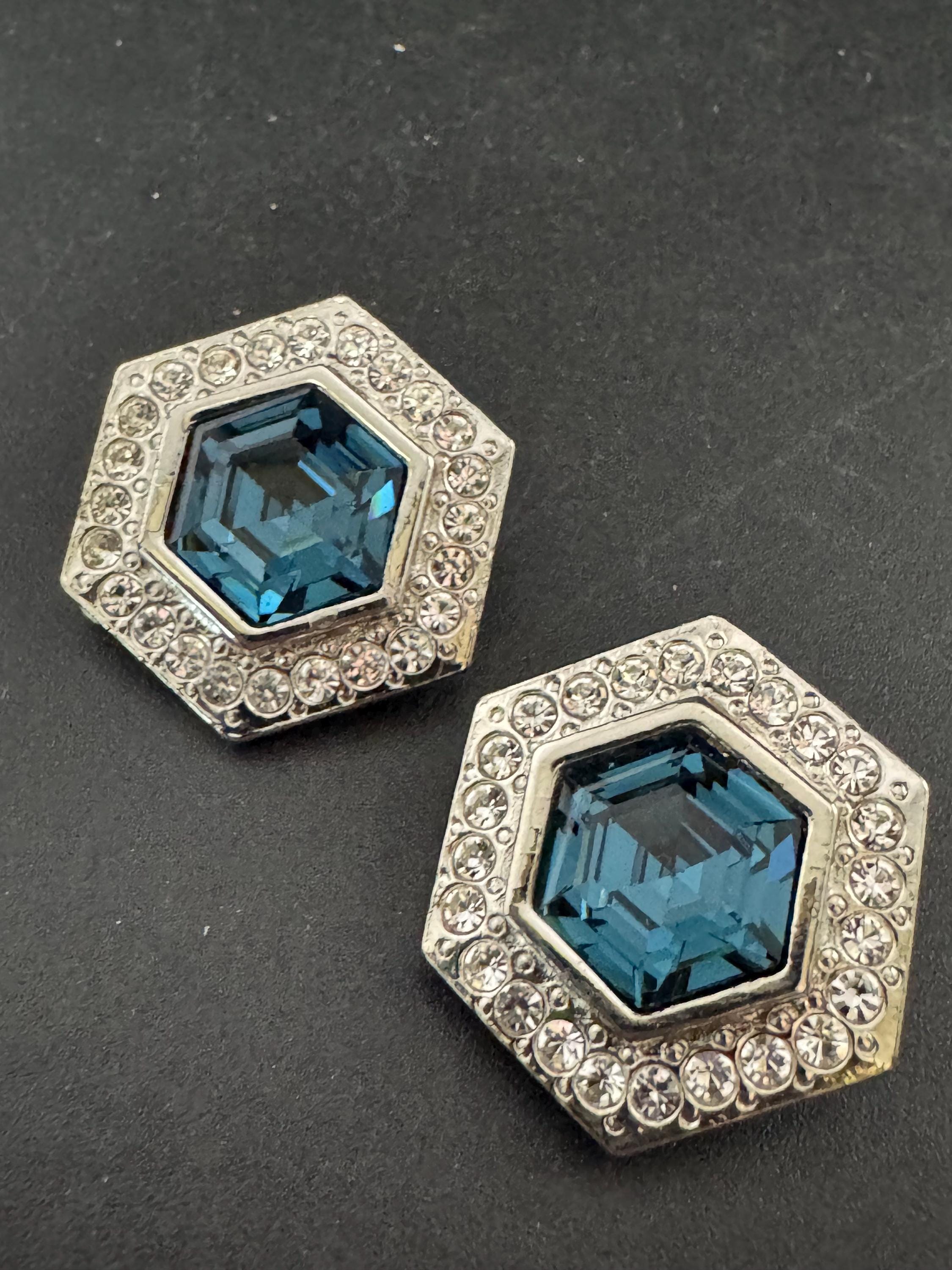 vintage silver tone sapphire blue and and clear Swarovski crystal hexagon earrings 1980s