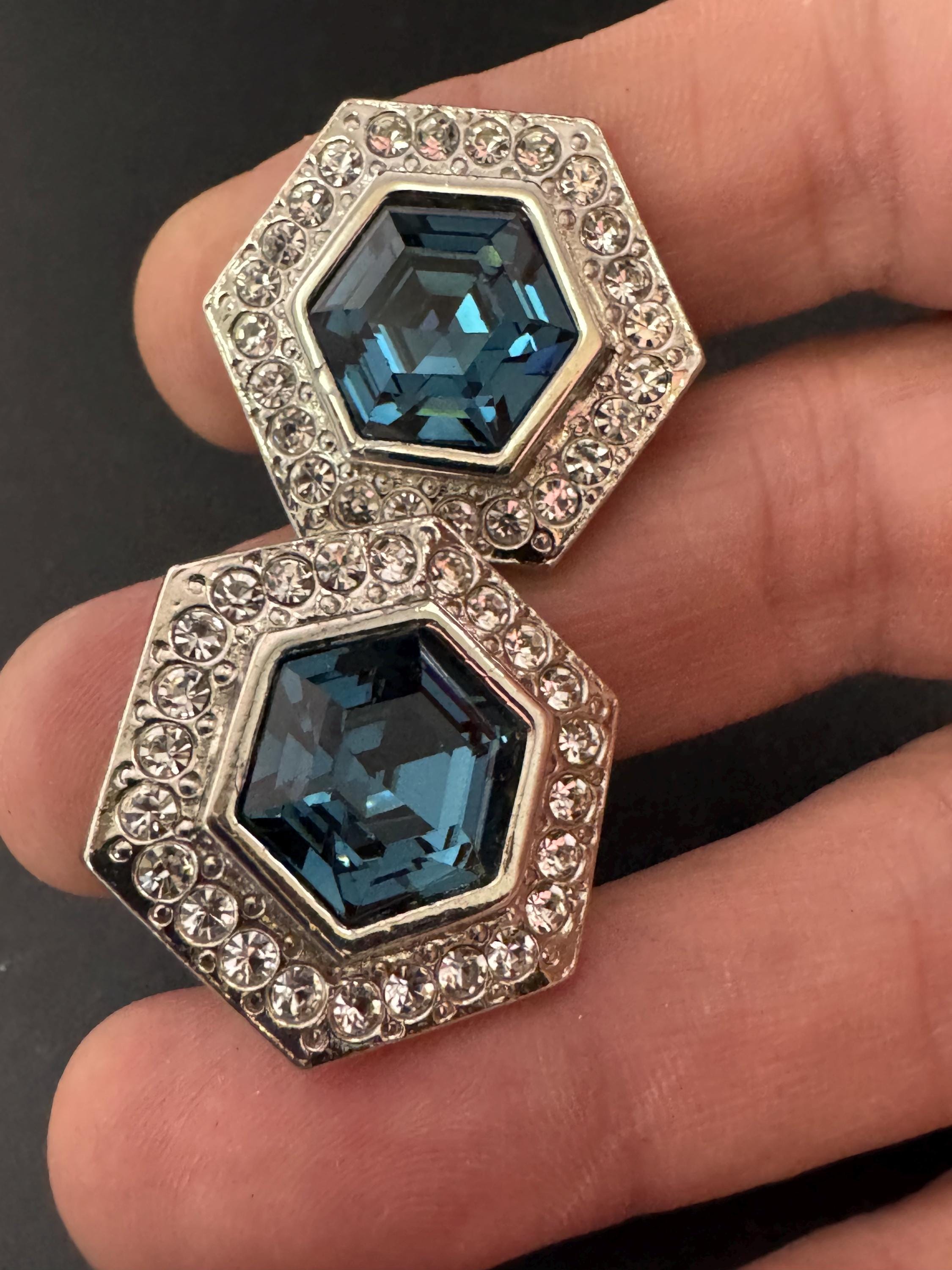 vintage silver tone sapphire blue and and clear Swarovski crystal hexagon earrings 1980s