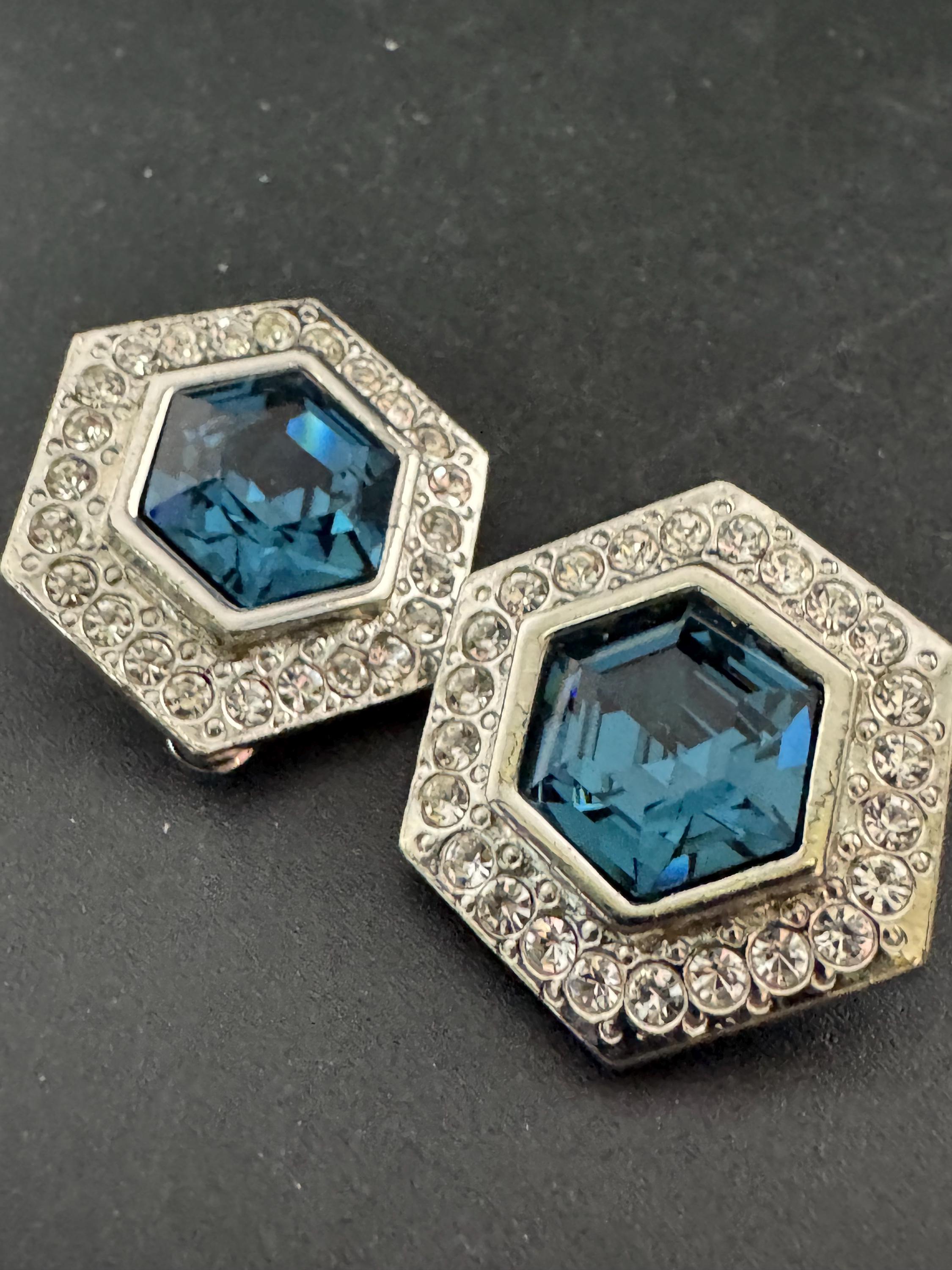vintage silver tone sapphire blue and and clear Swarovski crystal hexagon earrings 1980s