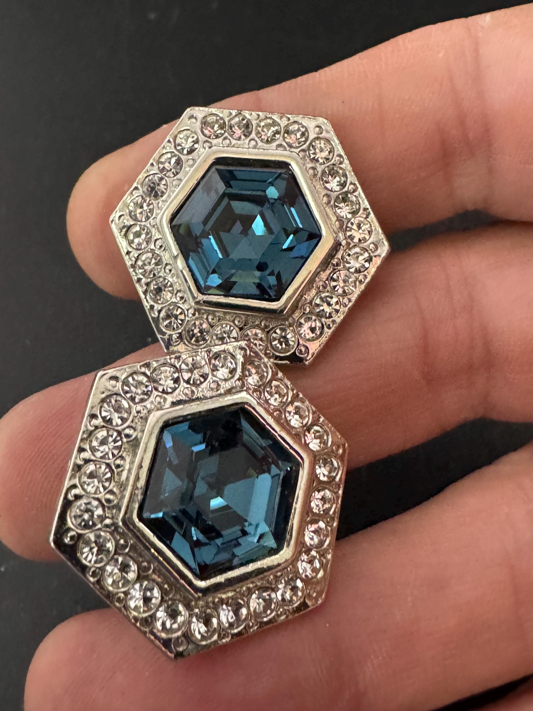 vintage silver tone sapphire blue and and clear Swarovski crystal hexagon earrings 1980s