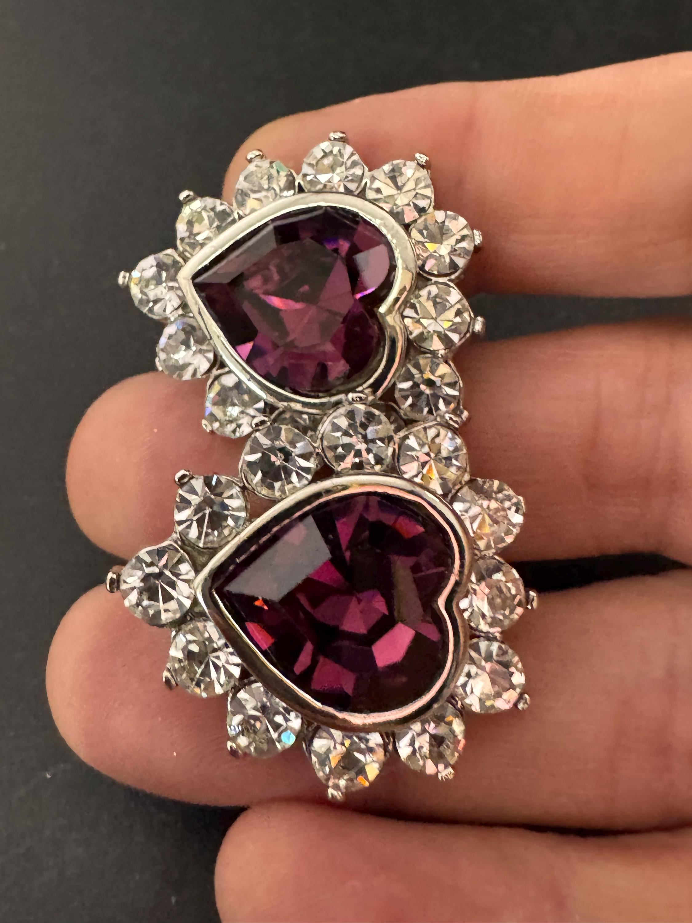 Vintage Oversized Swarovski Crystal Heart Stud Earrings: 1980s Silver Tone