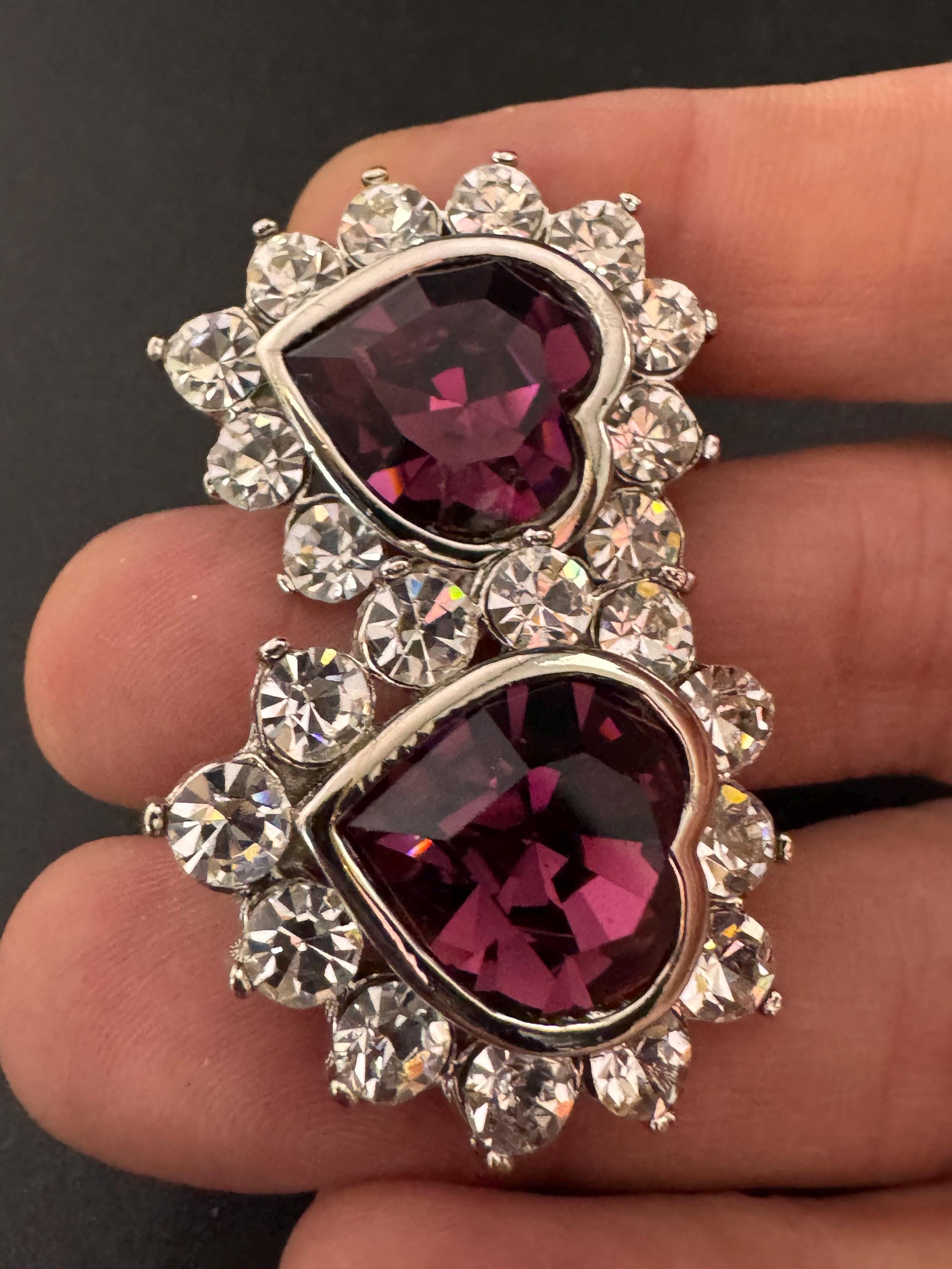 Vintage Oversized Swarovski Crystal Heart Stud Earrings: 1980s Silver Tone