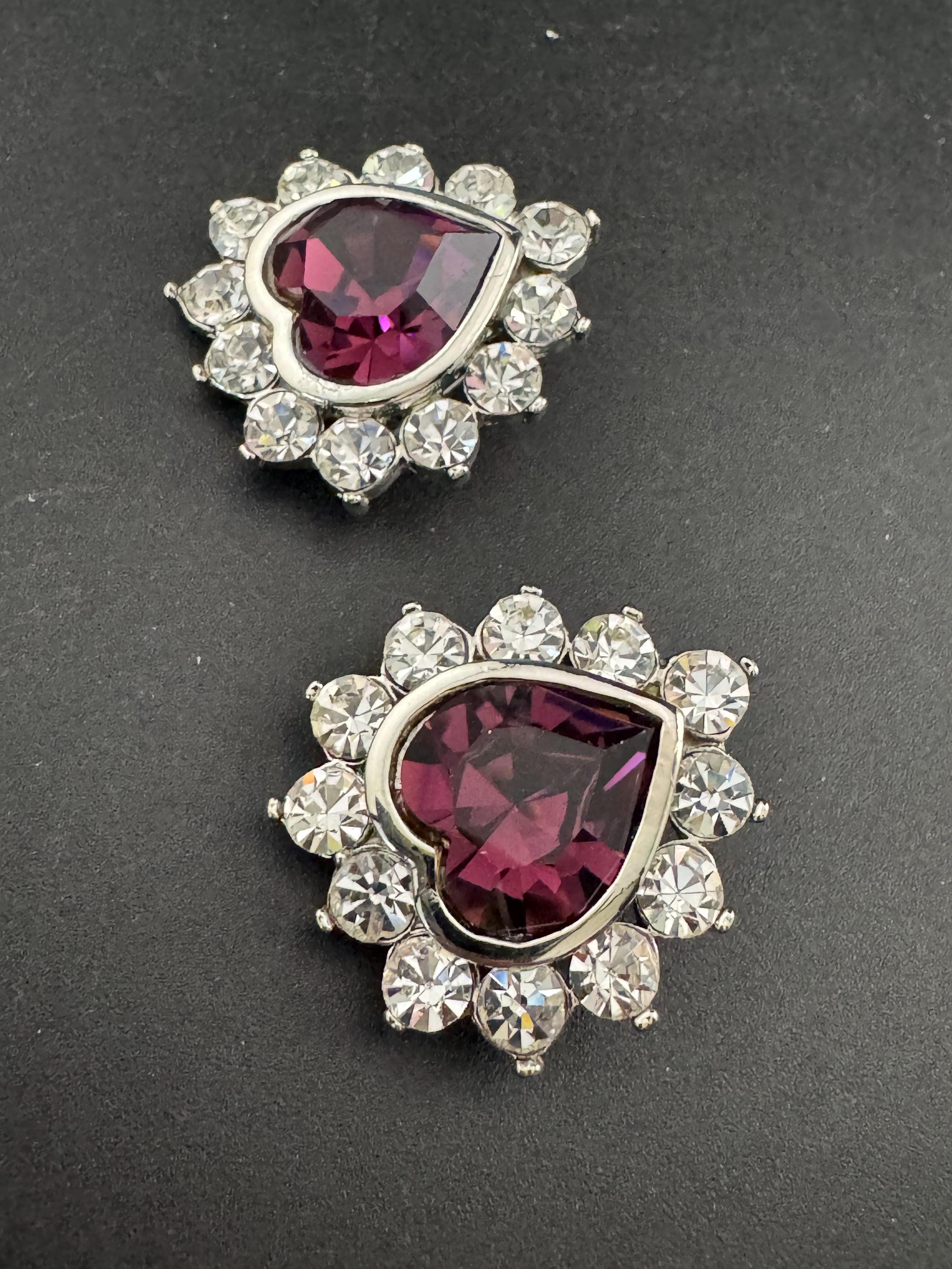 Vintage Oversized Swarovski Crystal Heart Stud Earrings: 1980s Silver Tone