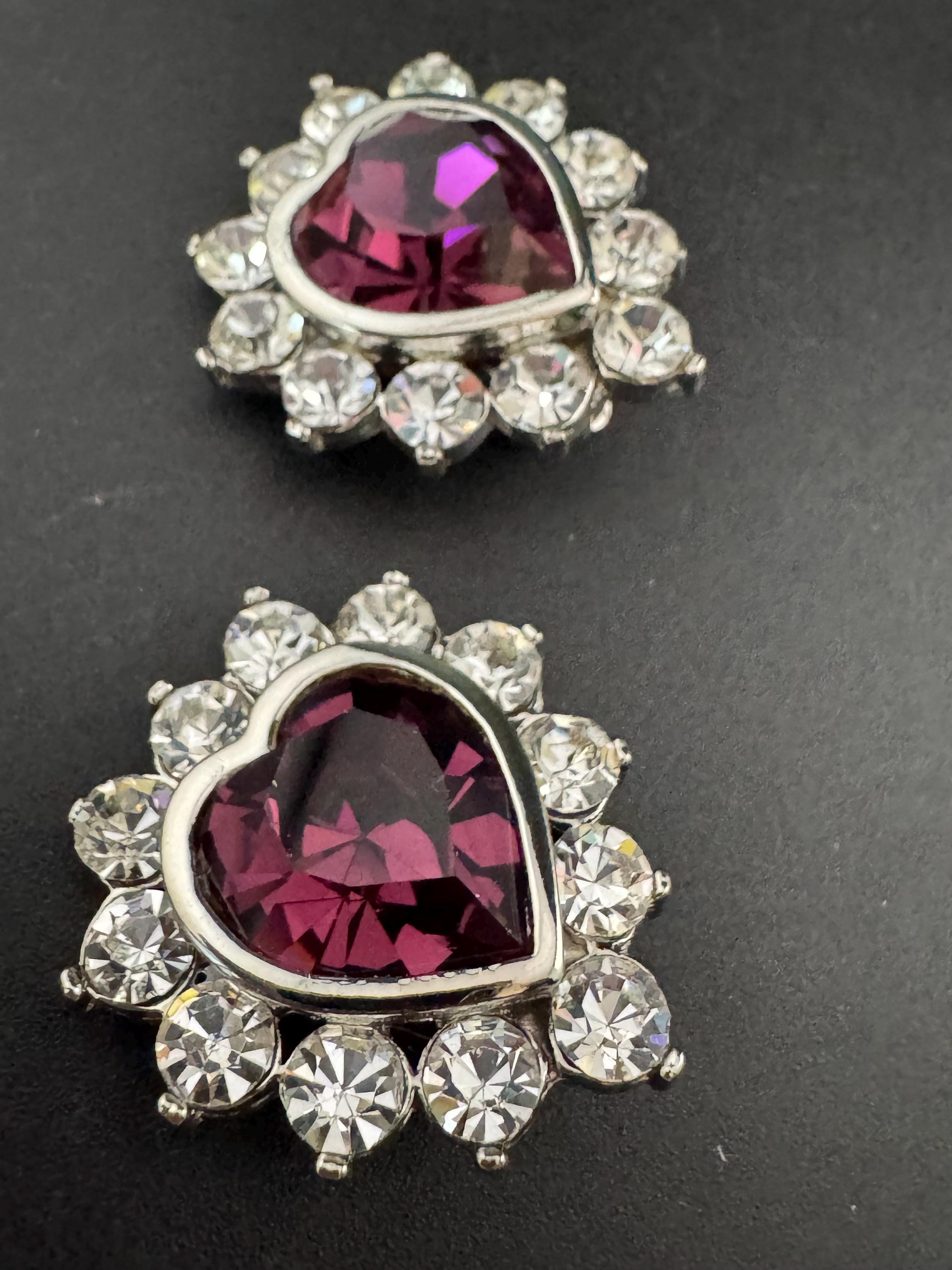 Vintage Oversized Swarovski Crystal Heart Stud Earrings: 1980s Silver Tone