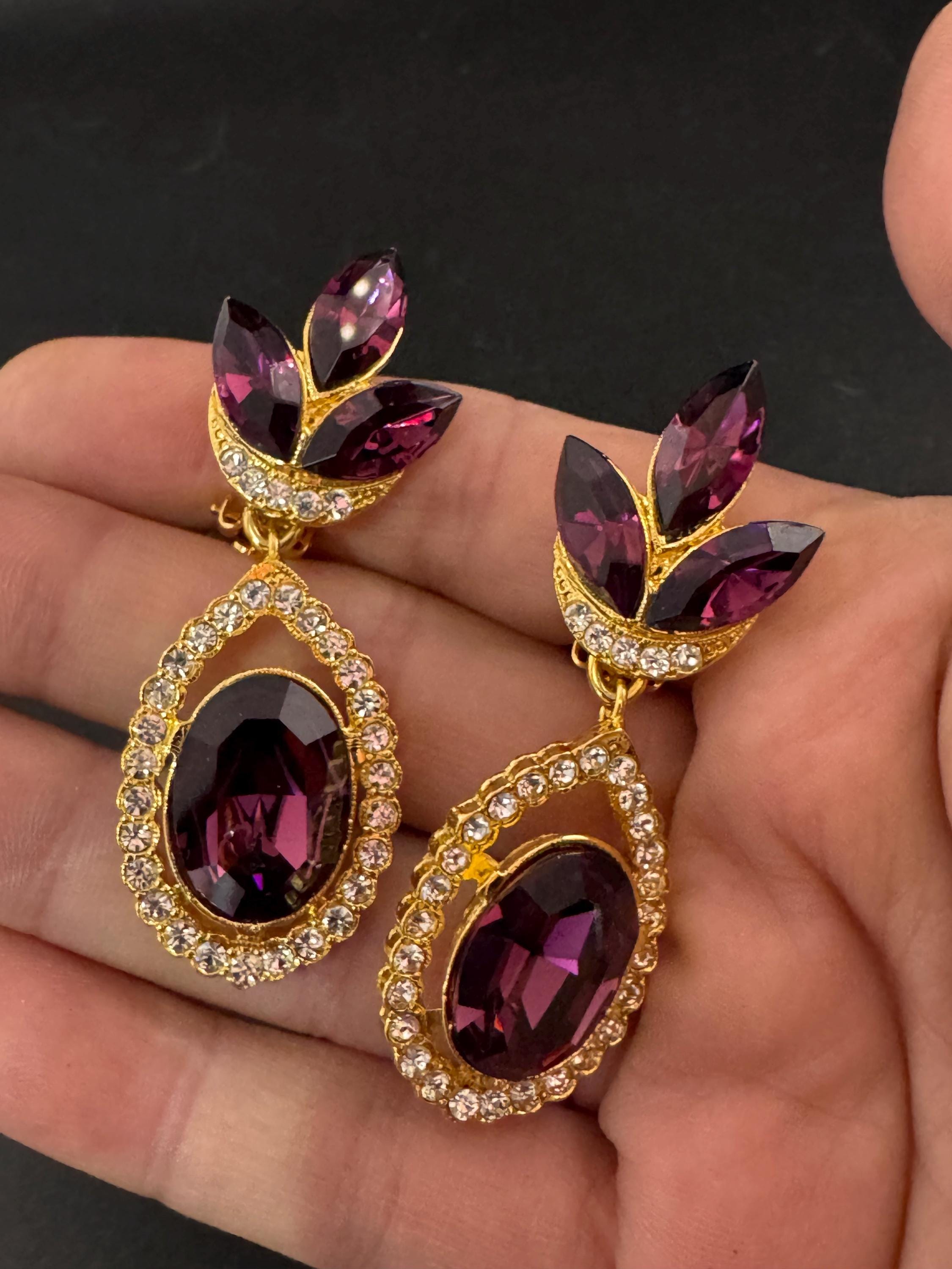 Oversized Swarovski Crystal Drop Earrings: Vintage 1980s Gold Tone