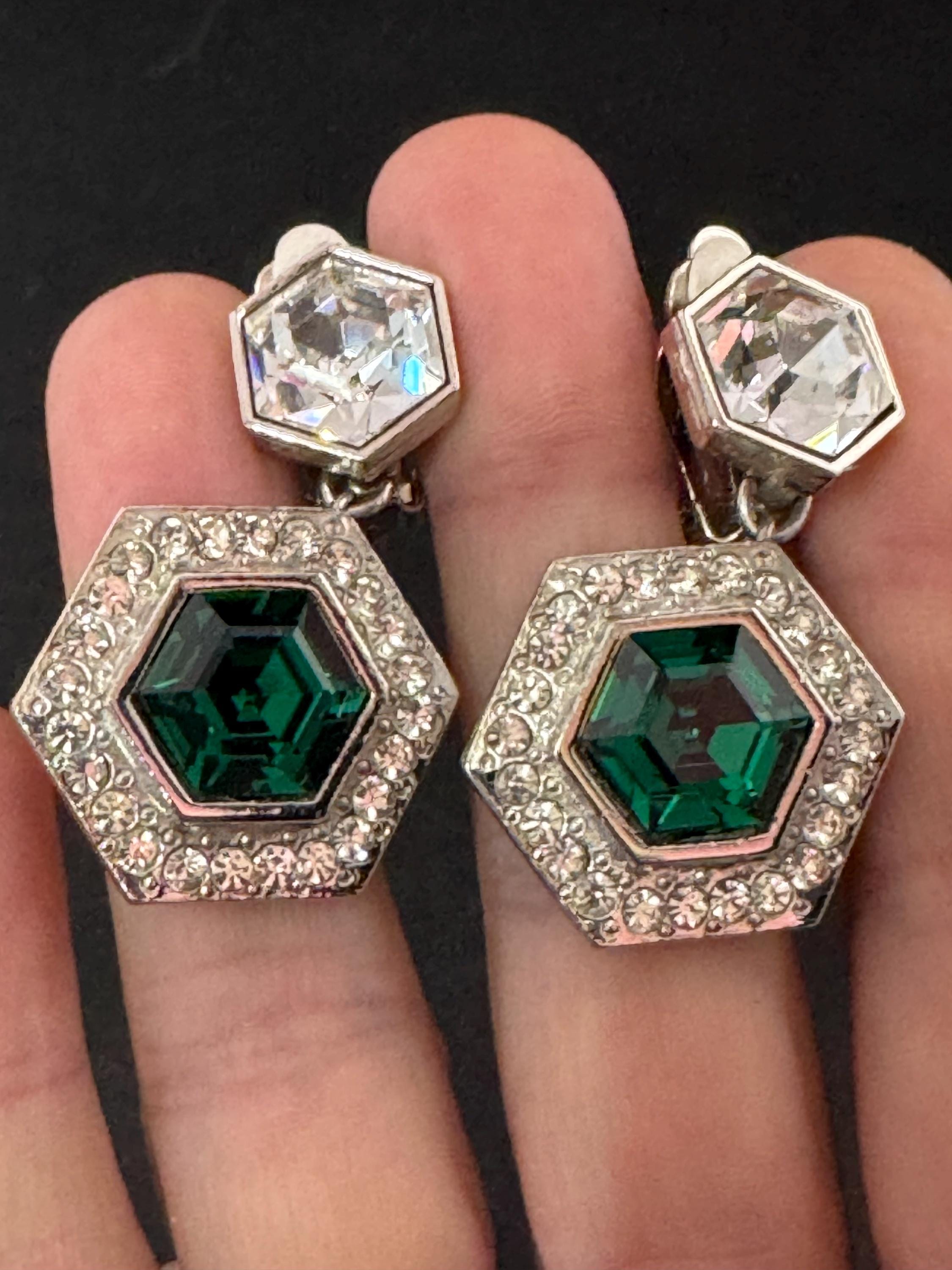 vintage silver tone emerald green and and clear Swarovski crystal hexagon drop earrings