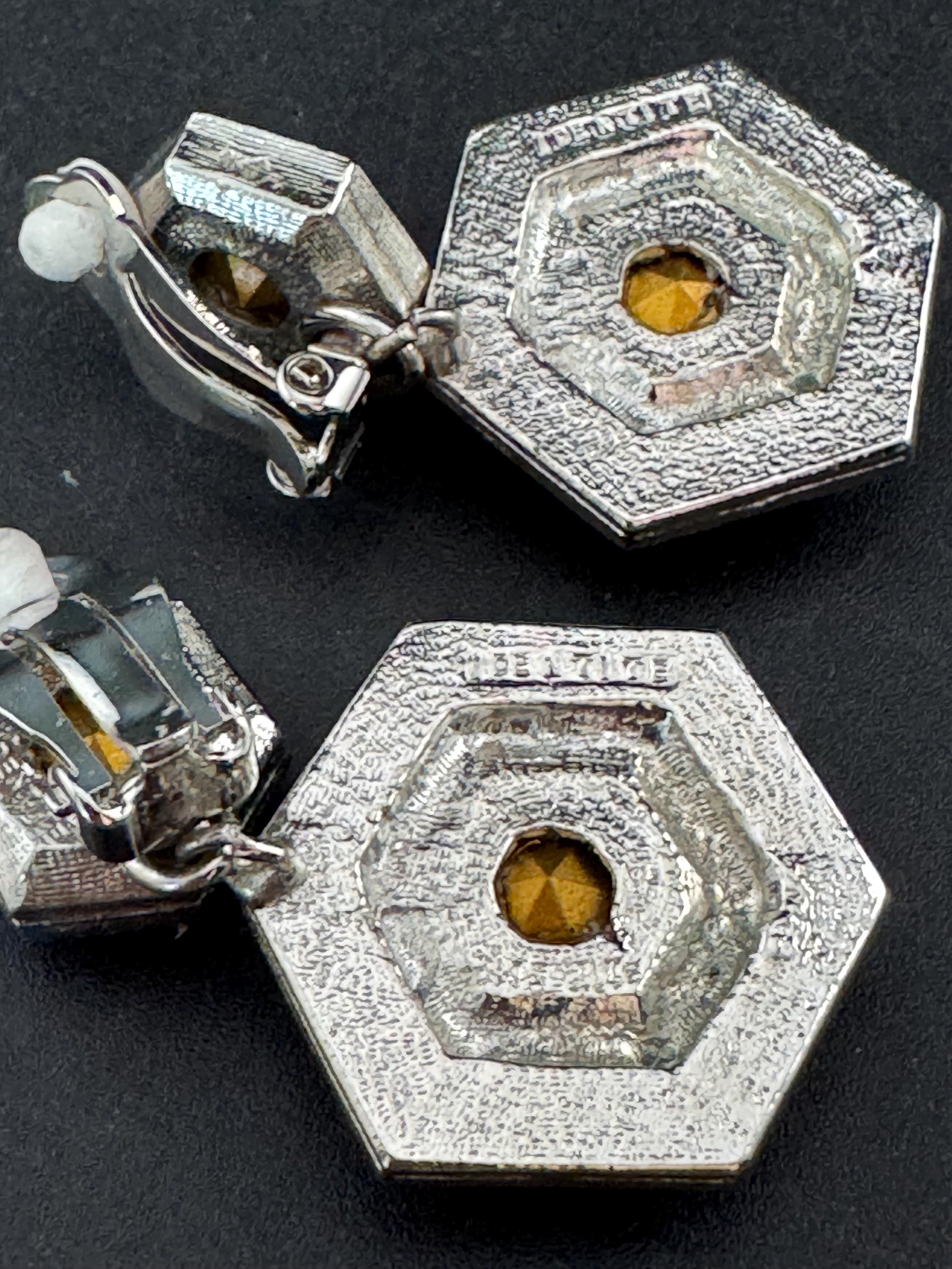 vintage silver tone emerald green and and clear Swarovski crystal hexagon drop earrings