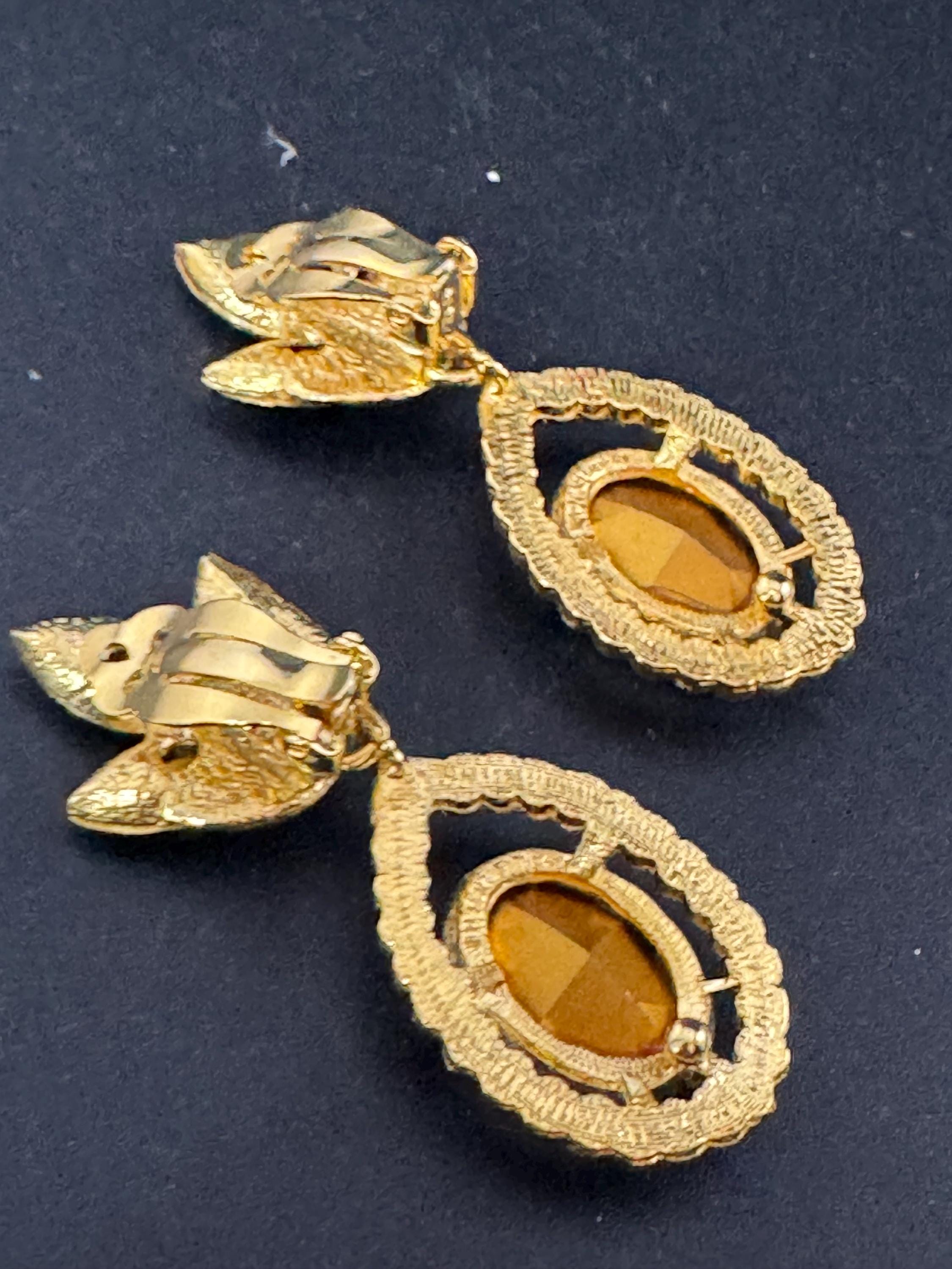 vintage oversized 5.5cm gold tone emerald green and Swarovski crystal dangly earrings