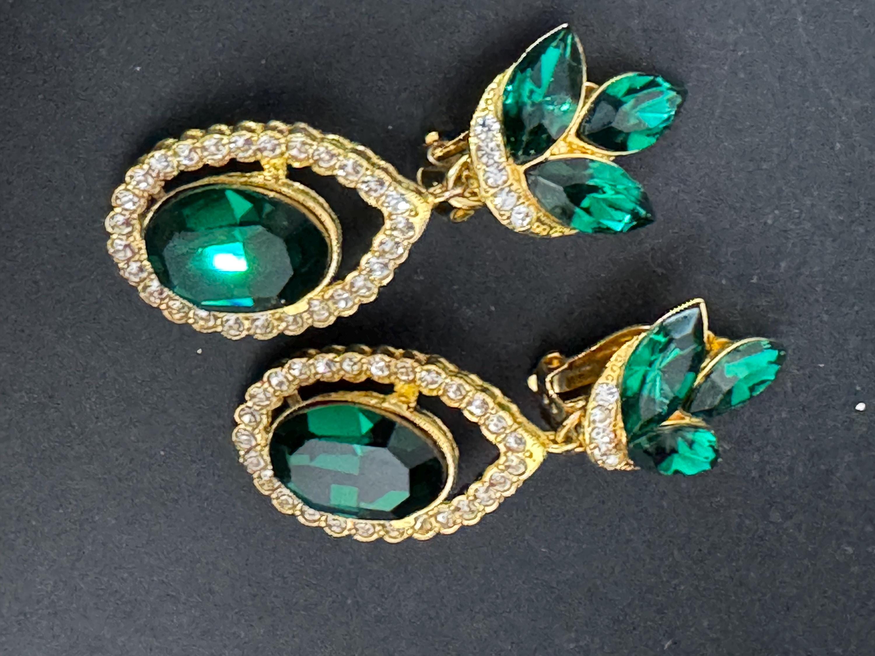 vintage oversized 5.5cm gold tone emerald green and Swarovski crystal dangly earrings