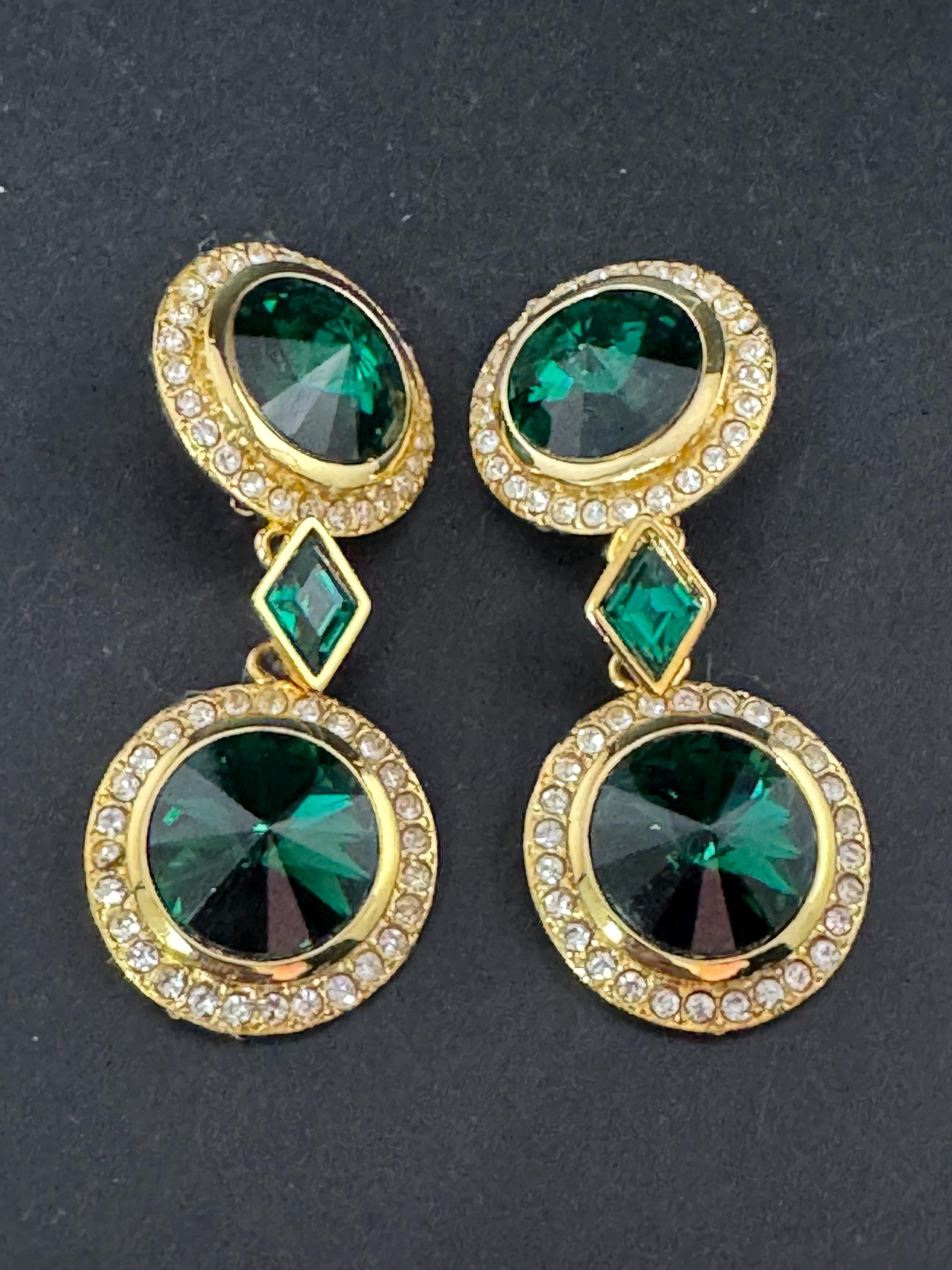 vintage oversized 7cm gold tone emerald green Rivoli and clear Swarovski crystal dangly earrings