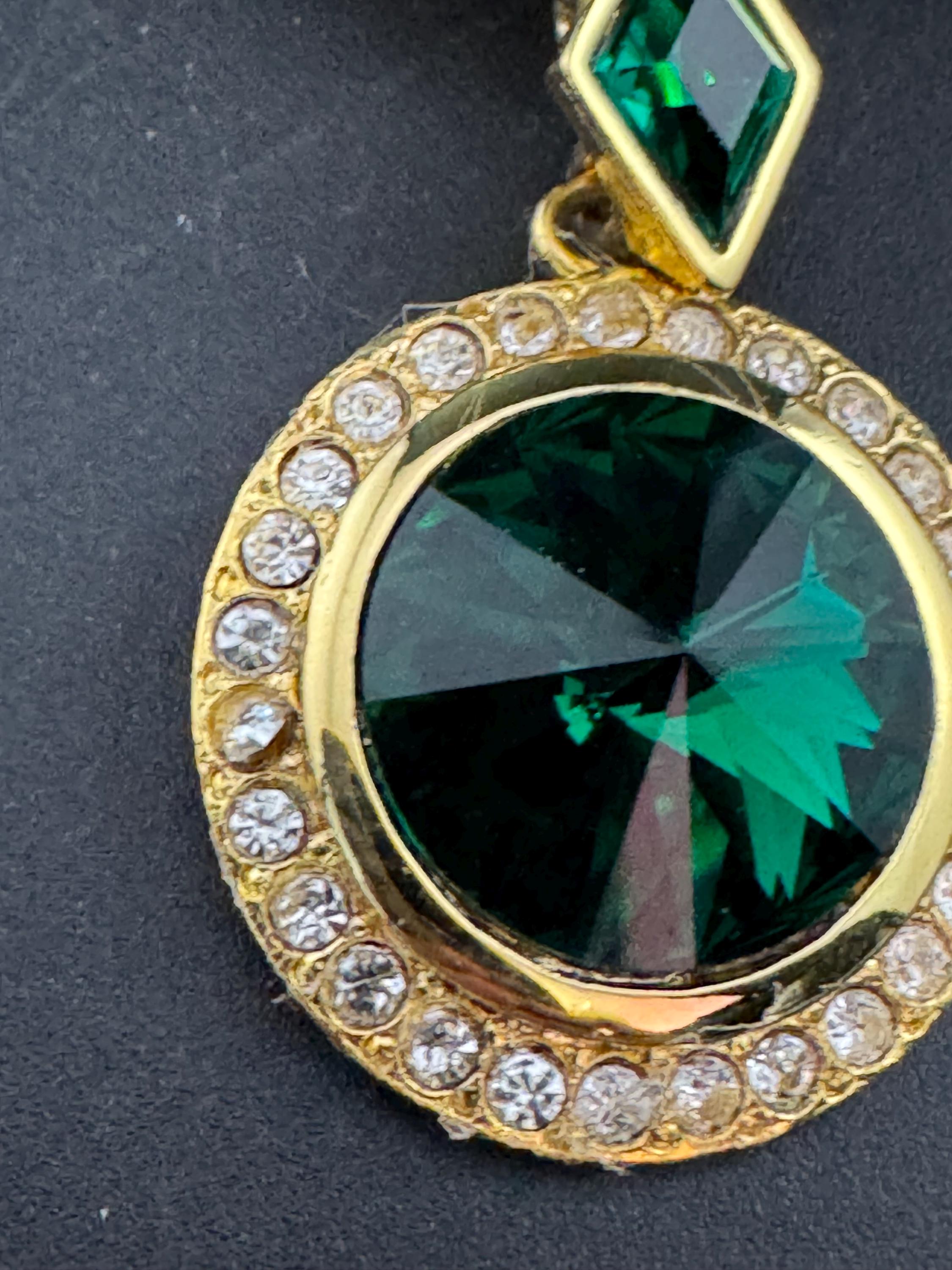 vintage oversized 7cm gold tone emerald green Rivoli and clear Swarovski crystal dangly earrings