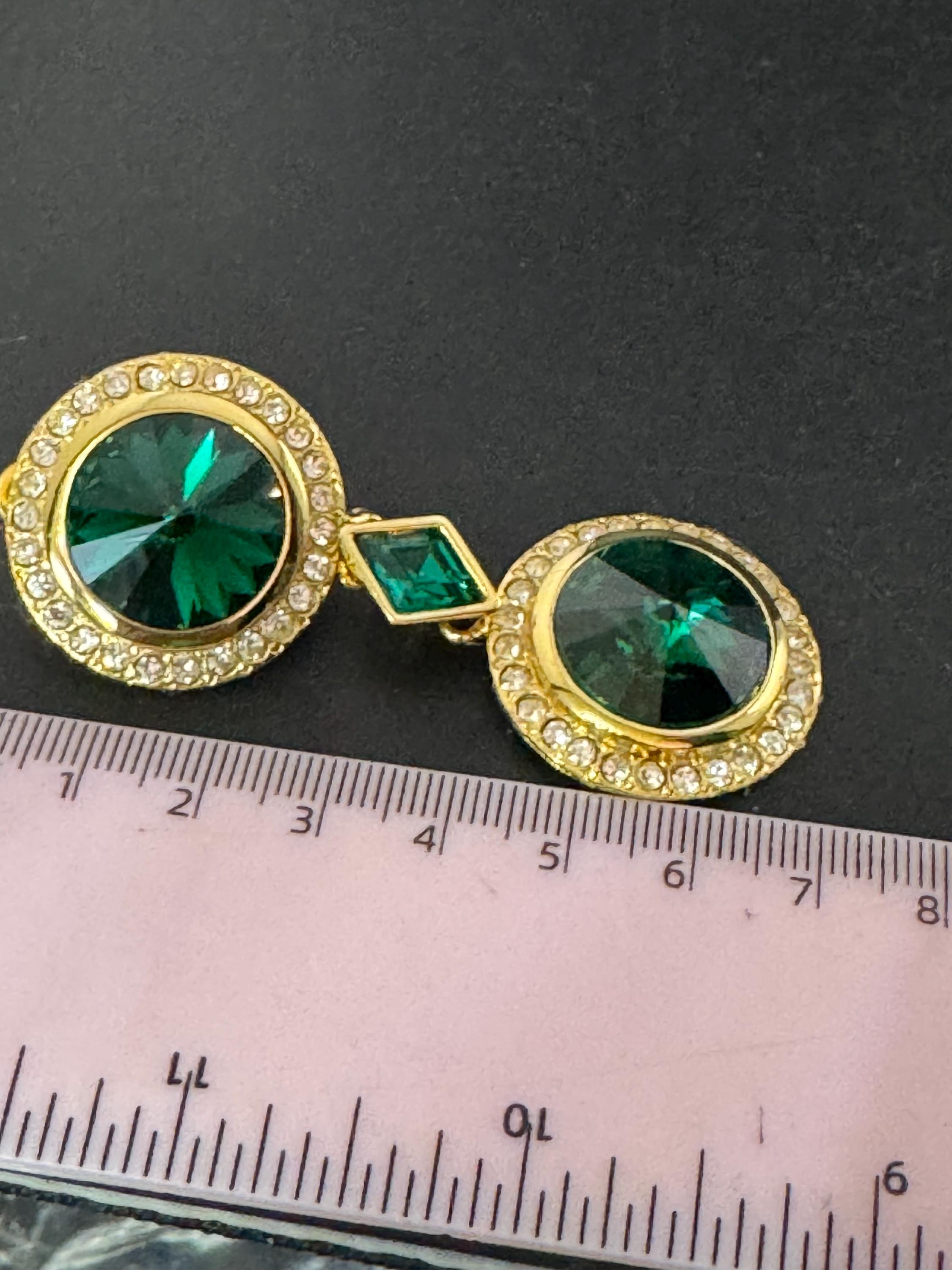 vintage oversized 7cm gold tone emerald green Rivoli and clear Swarovski crystal dangly earrings
