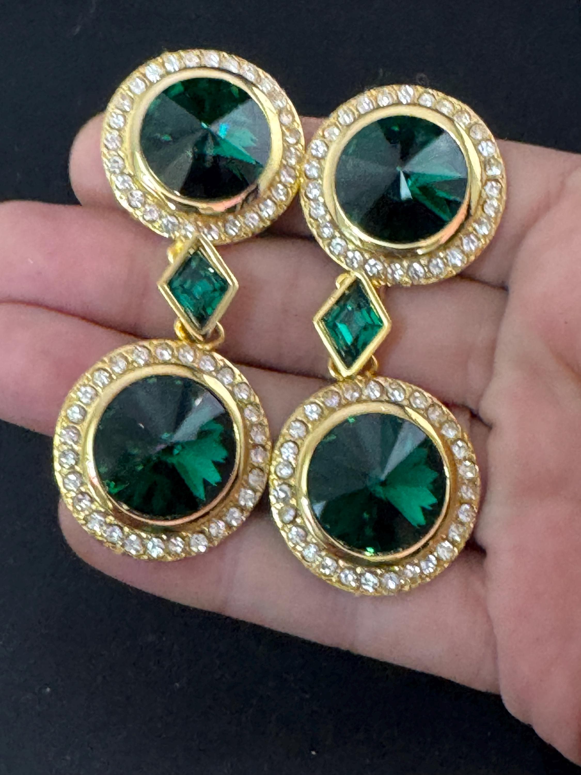 vintage oversized 7cm gold tone emerald green Rivoli and clear Swarovski crystal dangly earrings