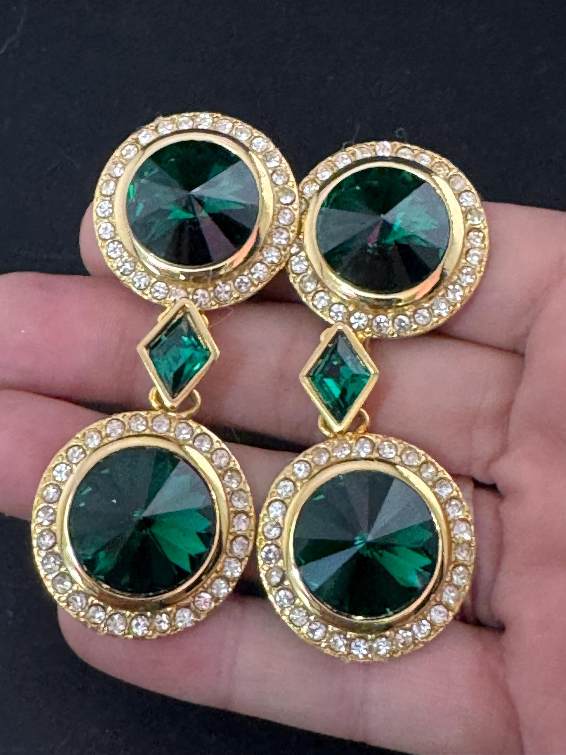 vintage oversized 7cm gold tone emerald green Rivoli and clear Swarovski crystal dangly earrings